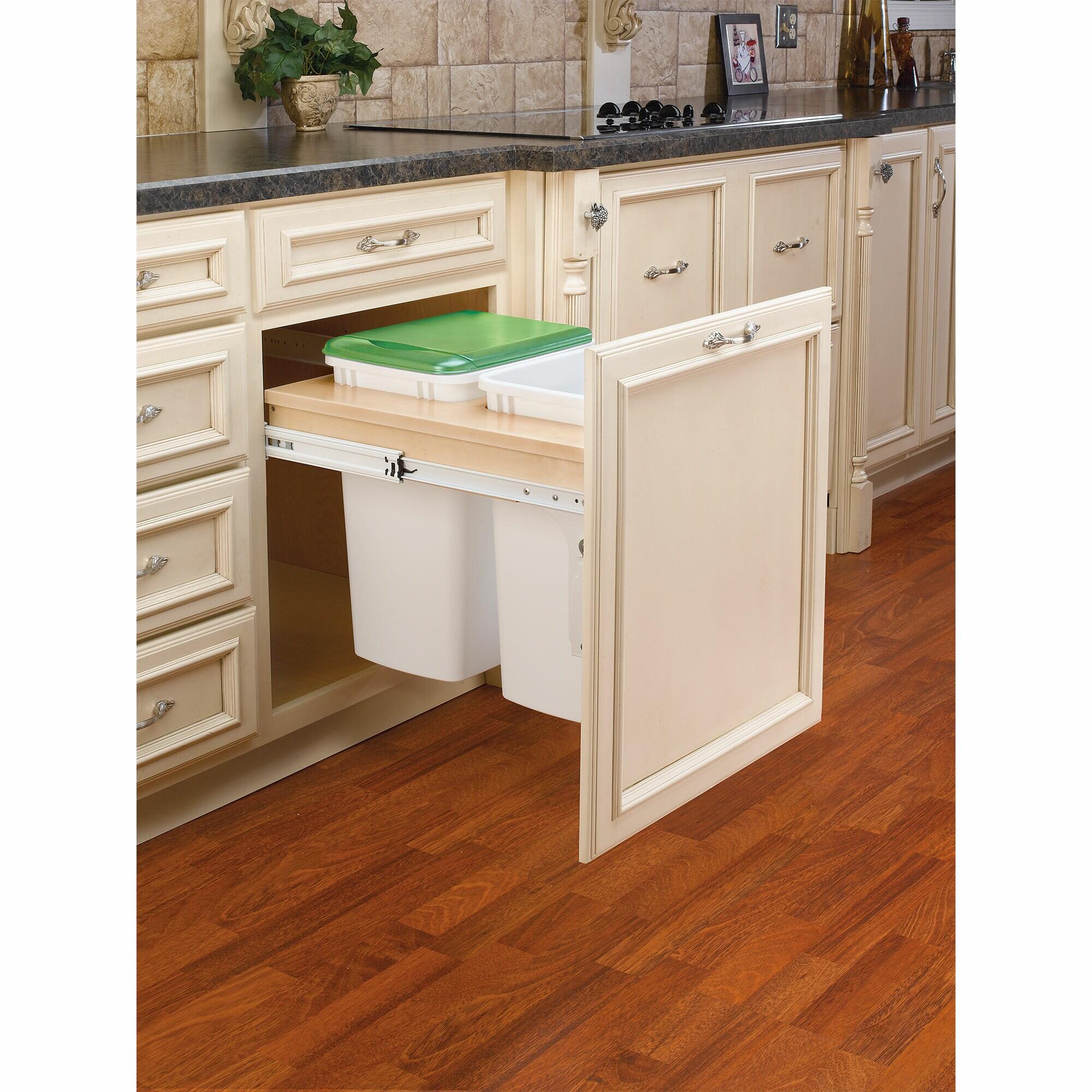 Rev-A-Shelf Double Pullout Trash Can for Base Kitchen/ Bathroom Cabinets, 35 Qt Wood Top Mount Garbage Bin, 18" x 1.5" Face-Frame, White, 4WCTM-21DM2