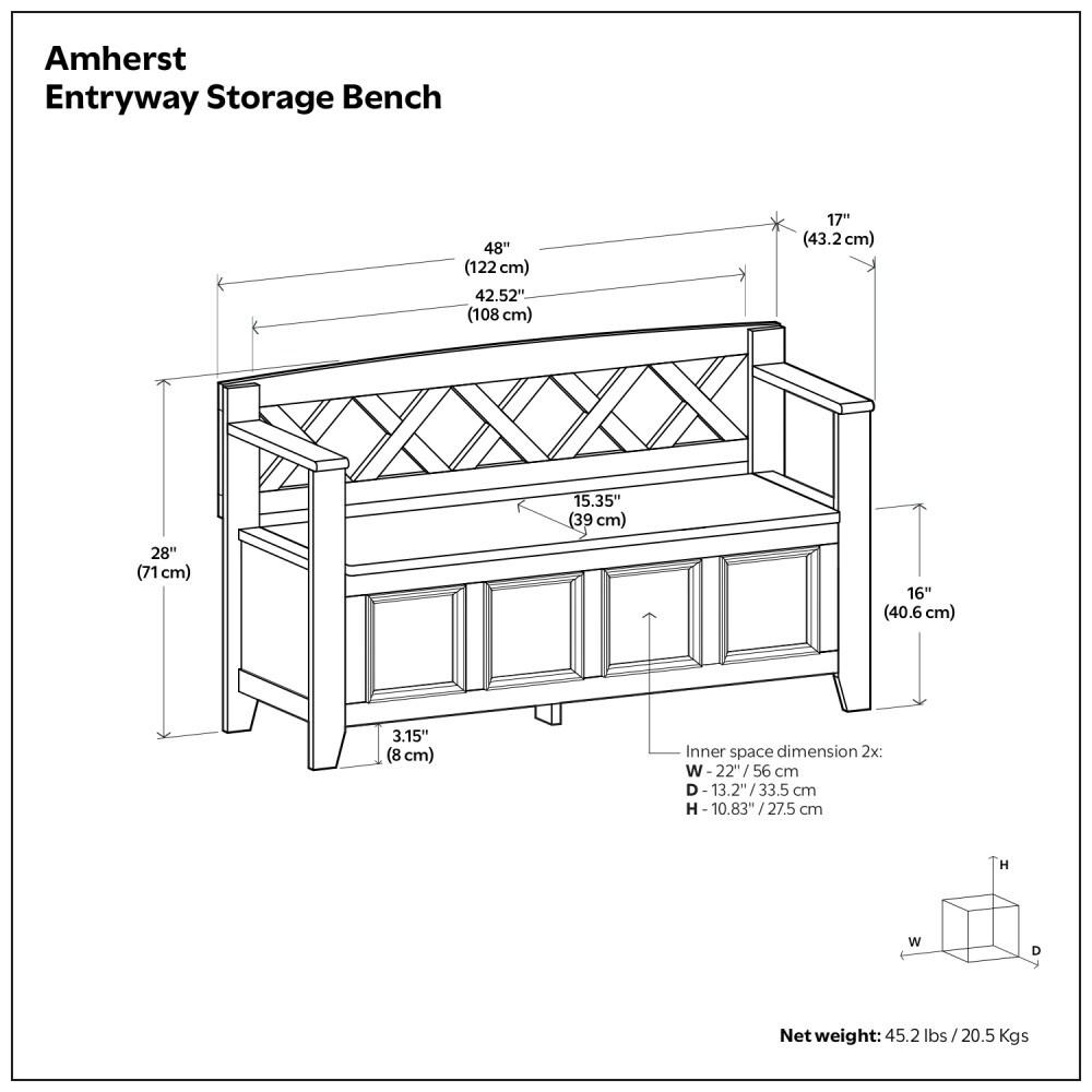 Simpli Home Amherst 48"W Solid Wood Entryway Storage Bench with Lift-Top Lid and Dual Compartments