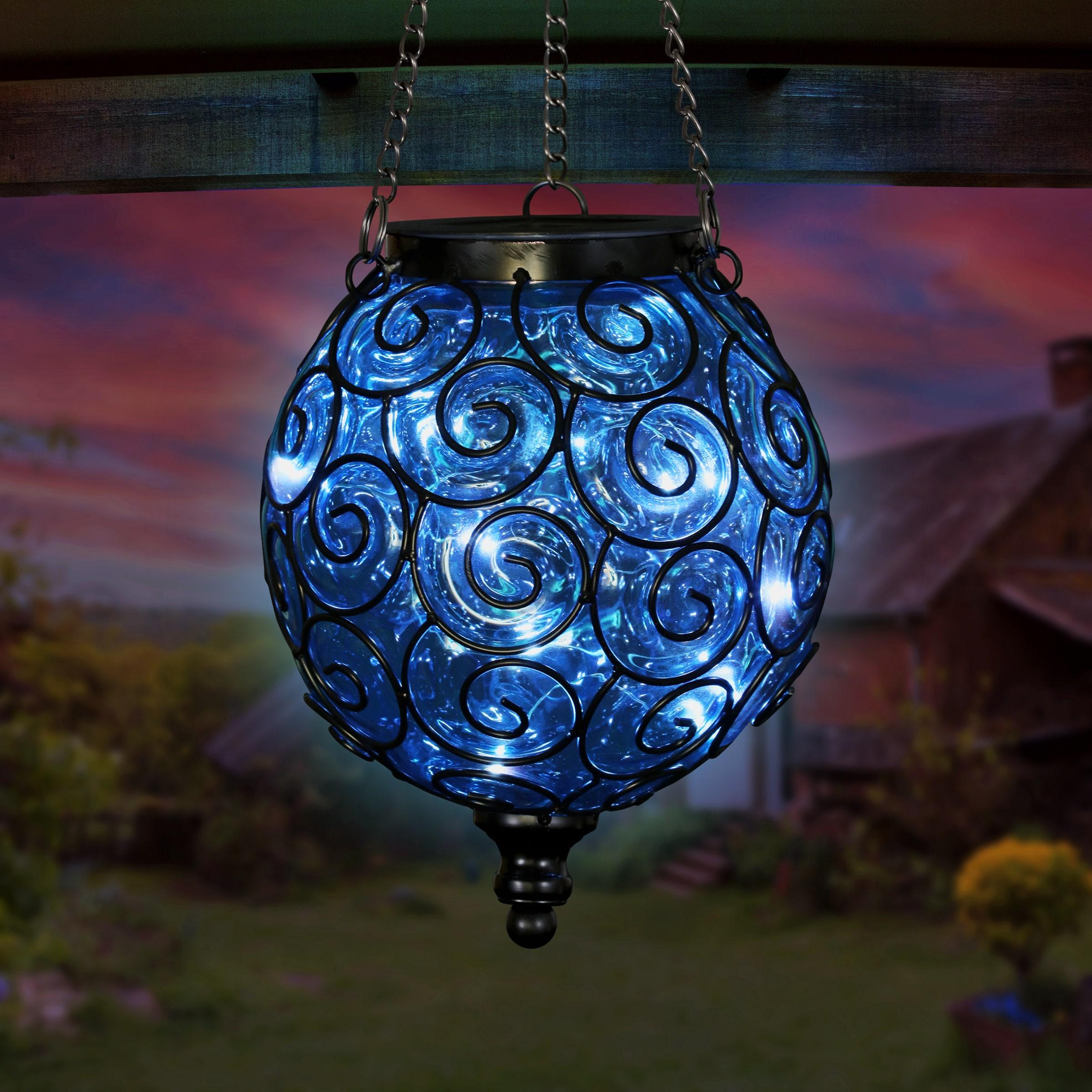 Exhart Solar Round Glass and Metal Hanging Lantern with 15 Cool White LED Firefly String Lights, 7 by 21"