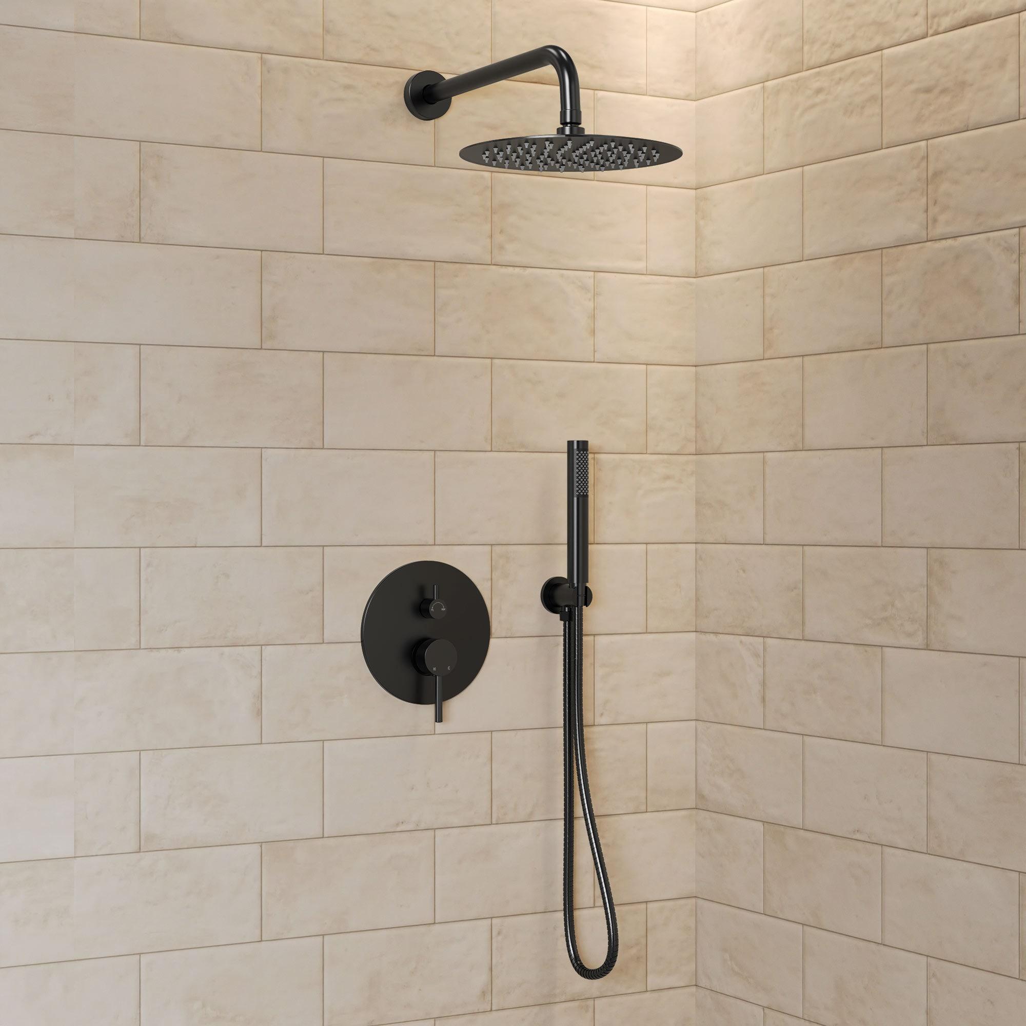 GRANDJOY Complete Shower System, 10" and 6" Dual Wall Mount Rain Shower Faucets with Handheld Shower Spray, High Pressure in Matte Black