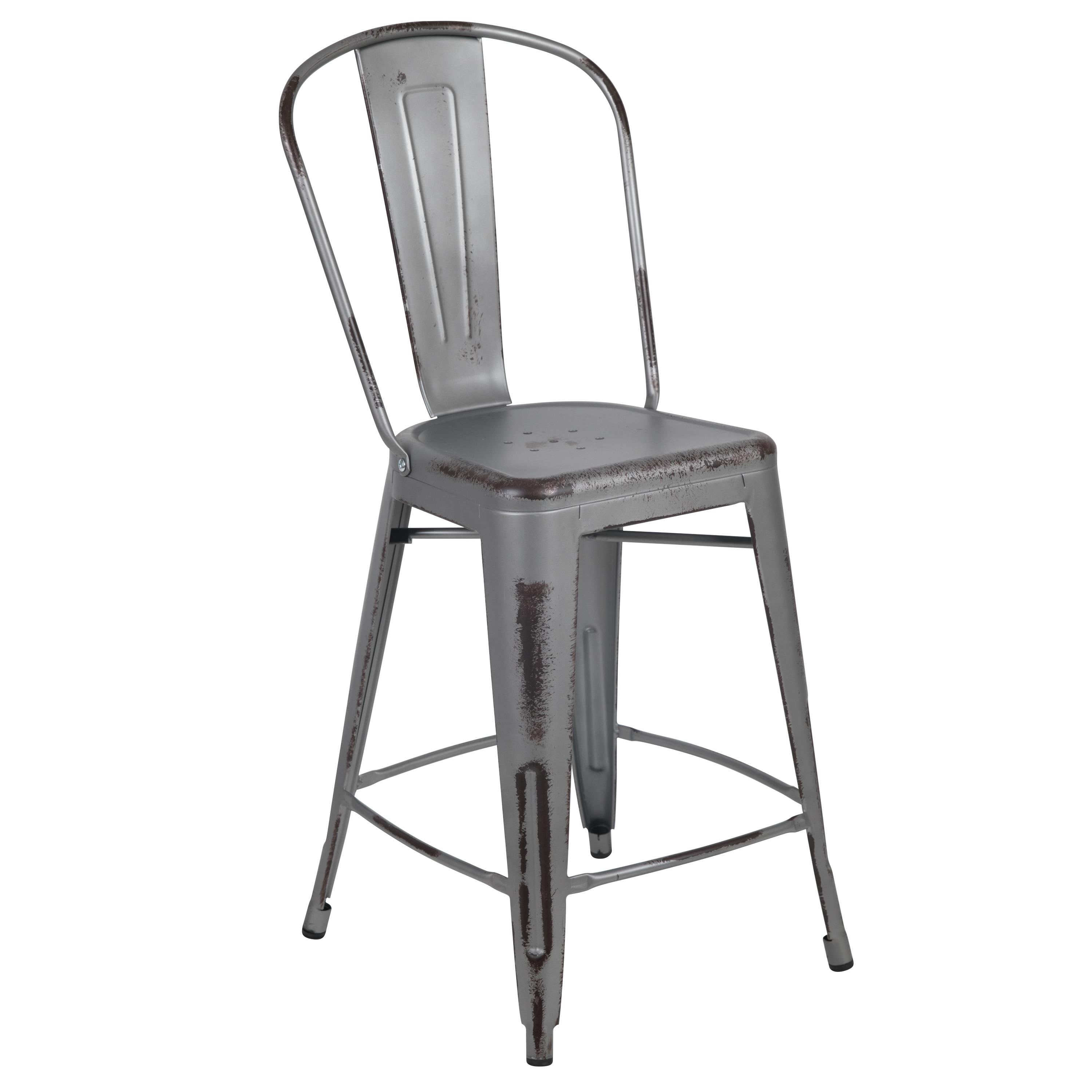 Flash Furniture Commercial Grade 24" High Distressed Silver Gray Metal Indoor-Outdoor Counter Height Stool with Back