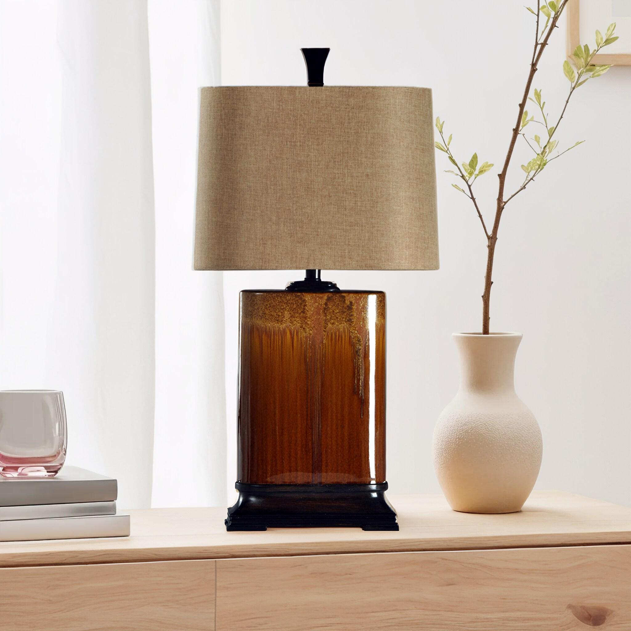 StyleCraft Reactive Glaze Table Lamp Burnt Red Glazed : Ceramic Body, Linen Shade, No Assembly Required