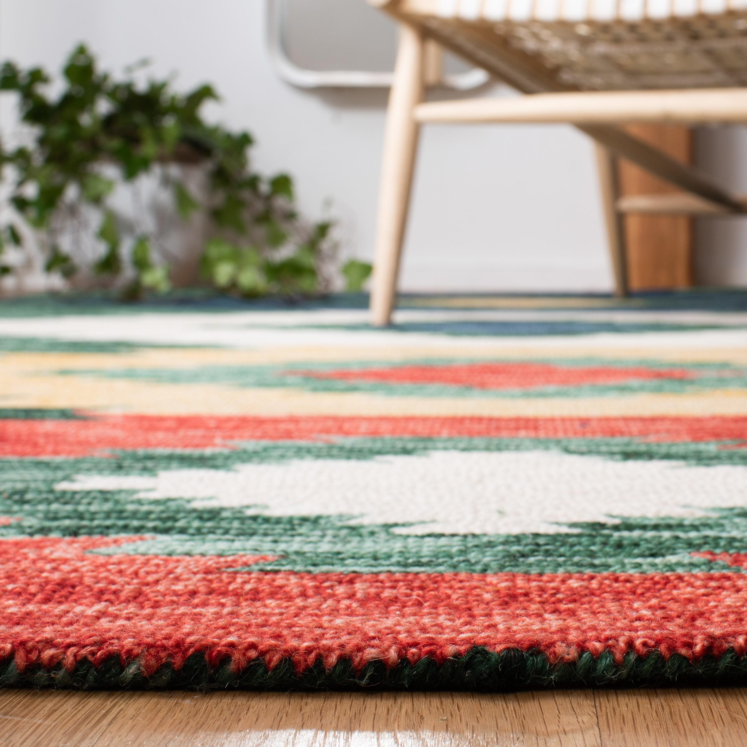 Handmade Rustic-Chic Red and Green Wool Rug - 59"x7"