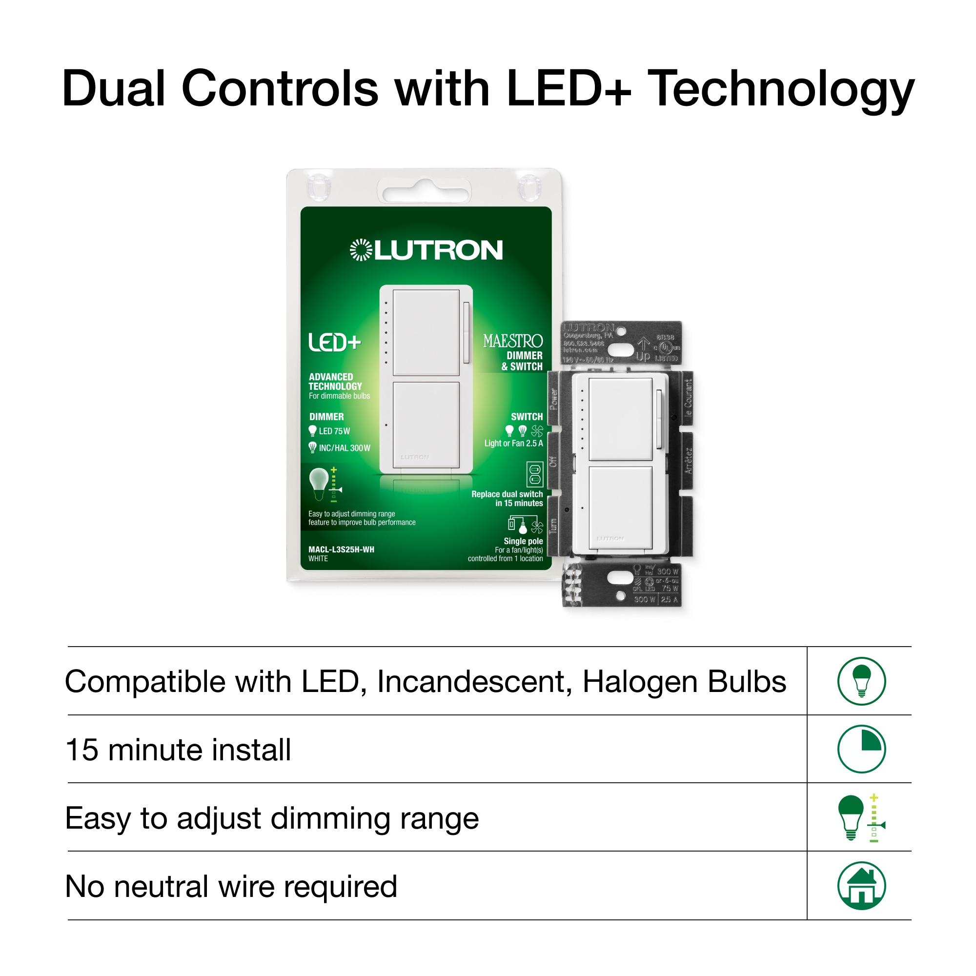 Lutron Maestro LED+ Dual Dimmer and Switch for 75-Watt LED Bulbs/2.5A Fans, Single Pole, White