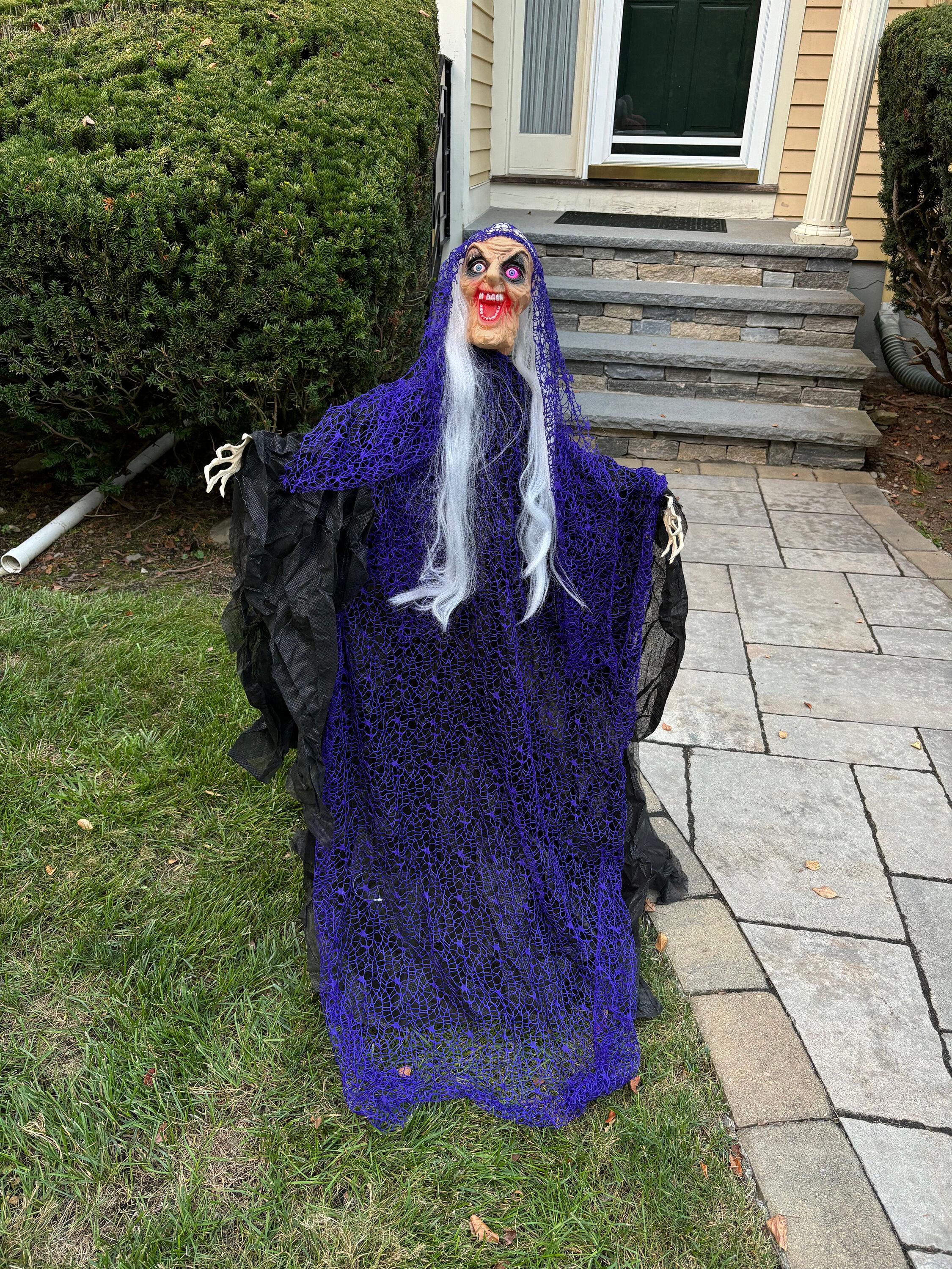 47-Inch Light-Up Witch Yard Stake with Purple Fish Net