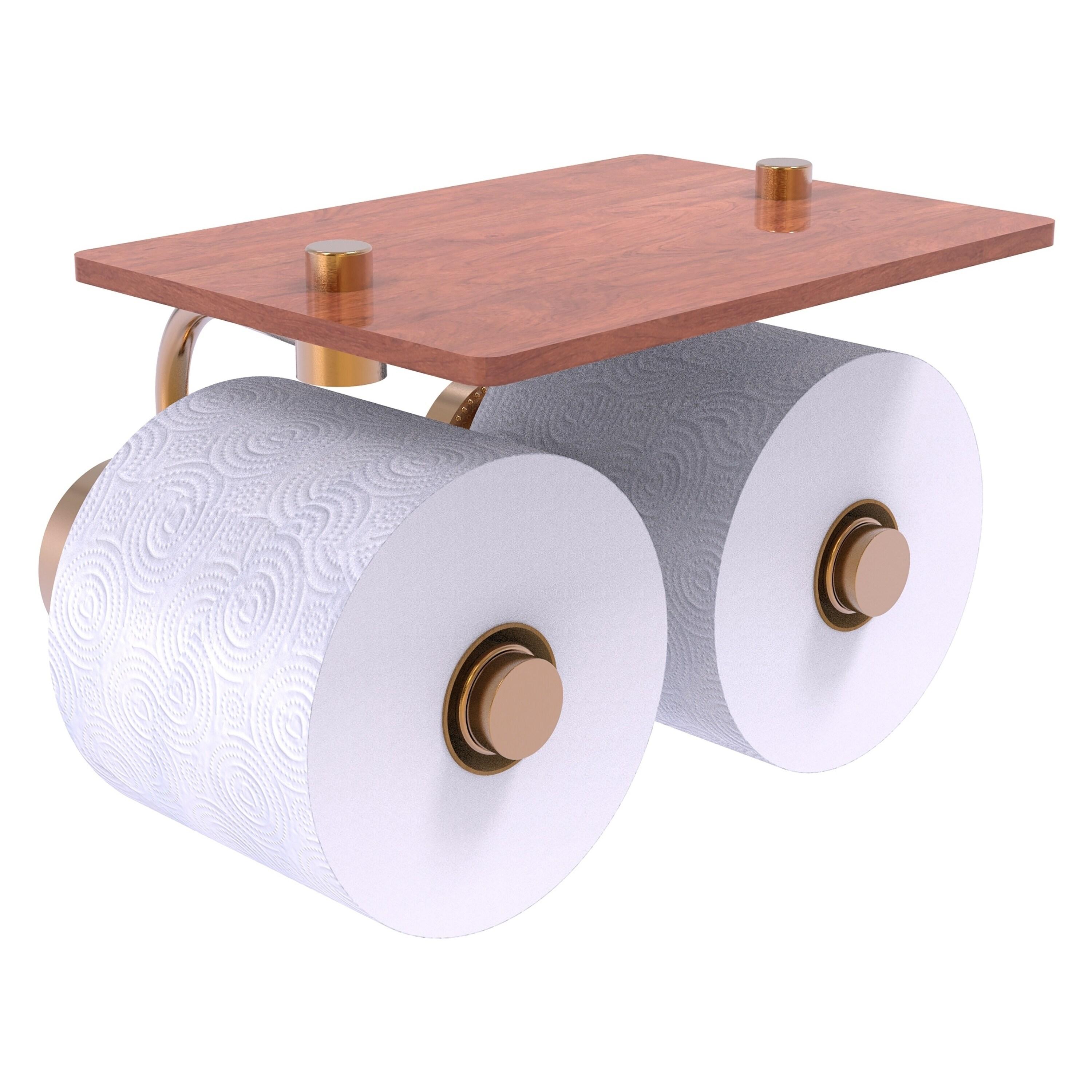 Brushed Bronze Dual Roll Toilet Paper Holder with Walnut Shelf