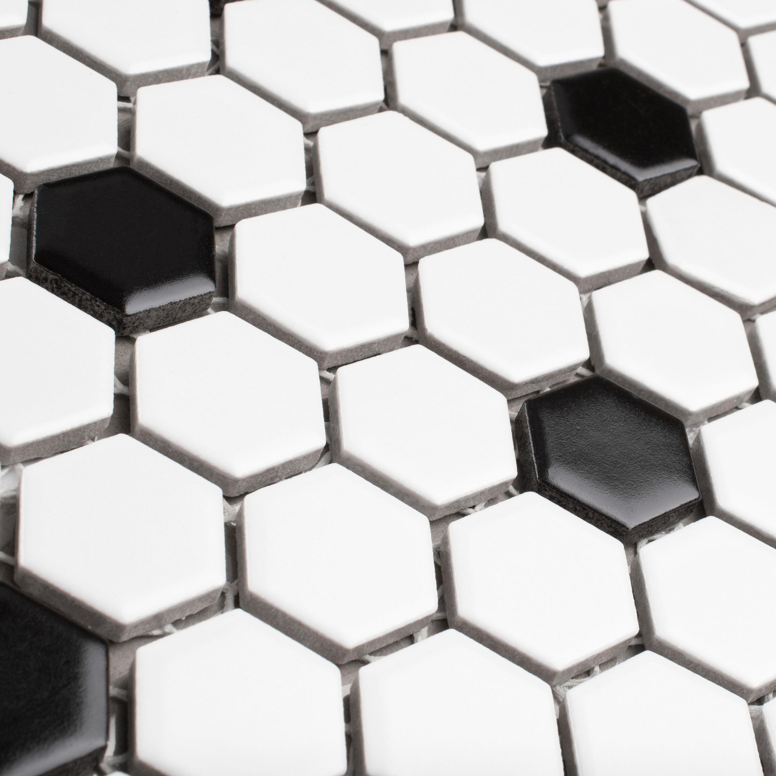 Madison 1" Hex Matte Cool White with Black Dot 10-1/4" x 11-7/8" Porcelain Mosaic Tile