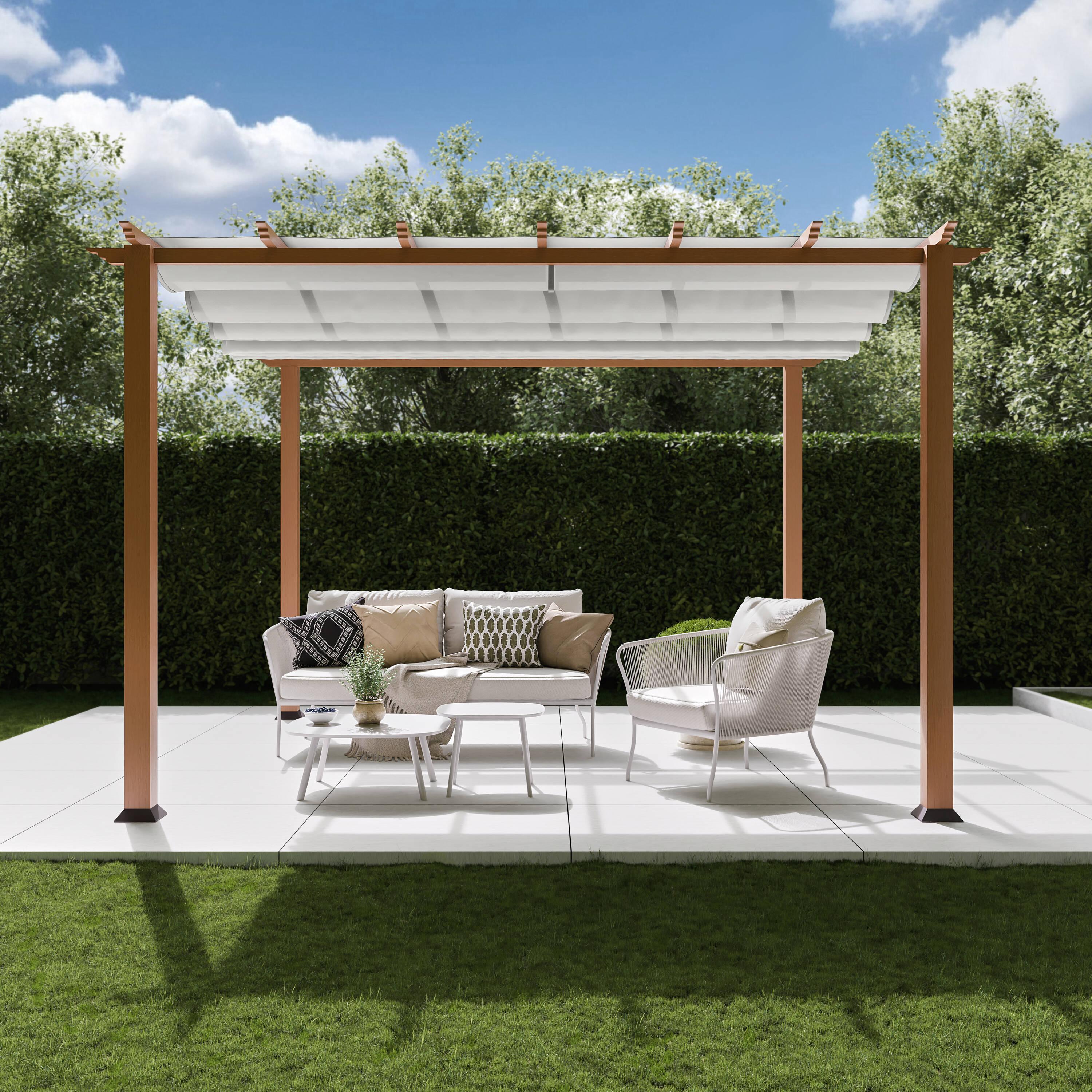 Paragon-Outdoor Florence 11 ft. W x 11 ft. D Wood Grain Aluminum Pergola in Canadian Cedar with Convertible Canopy