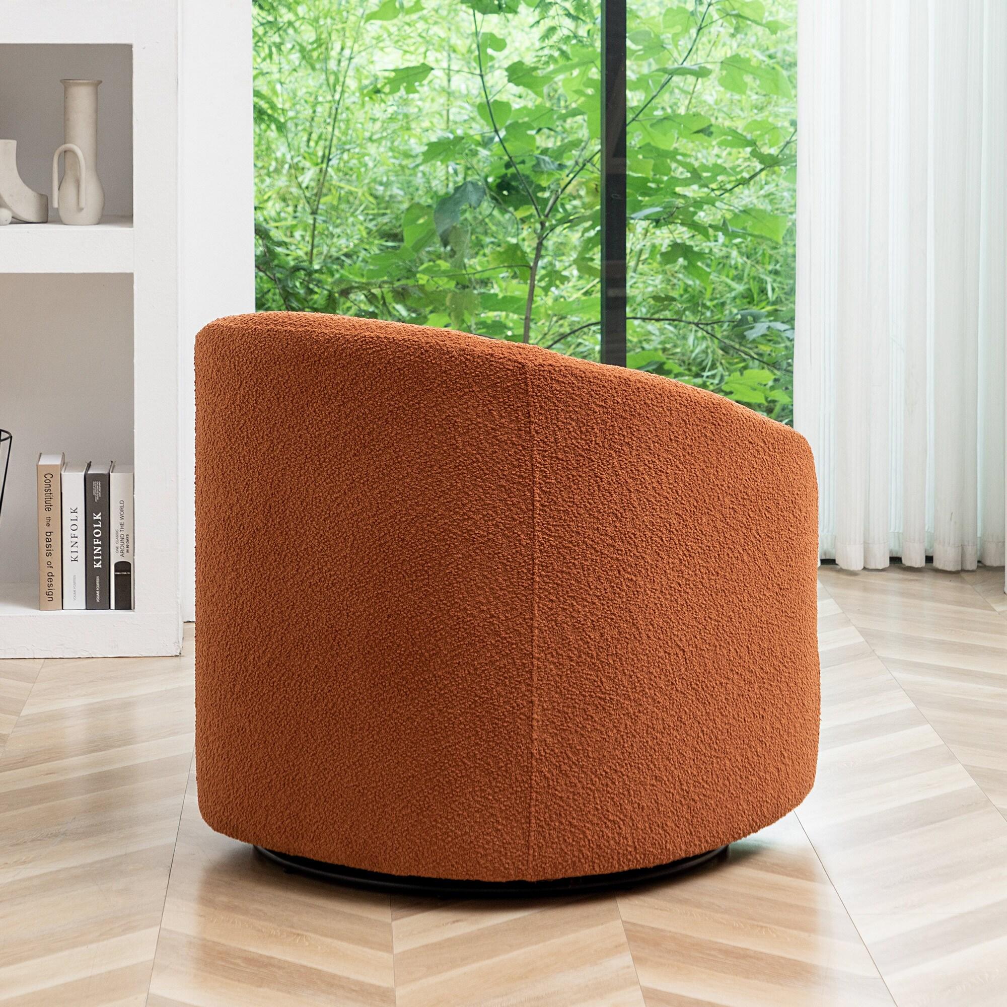 Kinwell 32" Wide Boucle Upholstered Swivel Barrel Chair Caramel: Mid-Century Modern, No Assembly Required