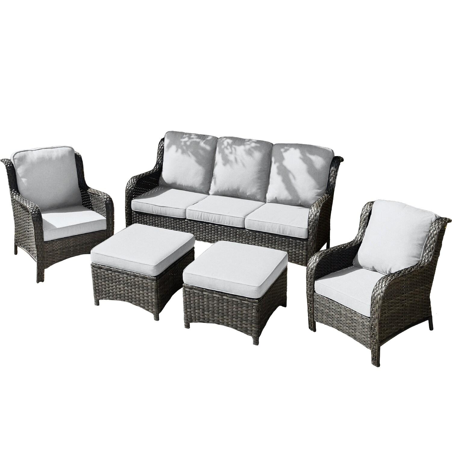 Ovios 5 Pieces Outdoor Patio Furniture Set Wicker Rattan Outdoor Conversation Comfortable Sectional Sofa with Steel Frame, Grey