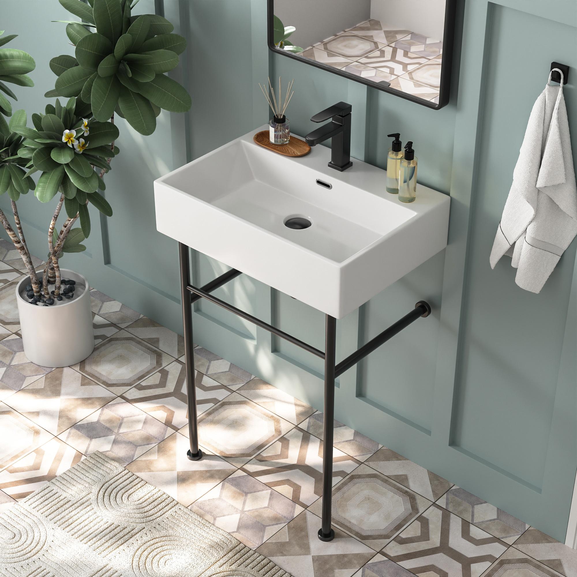 Ceramic White Rectangular Single Faucet Hole 24 in Console Bathroom Sink with Overflow