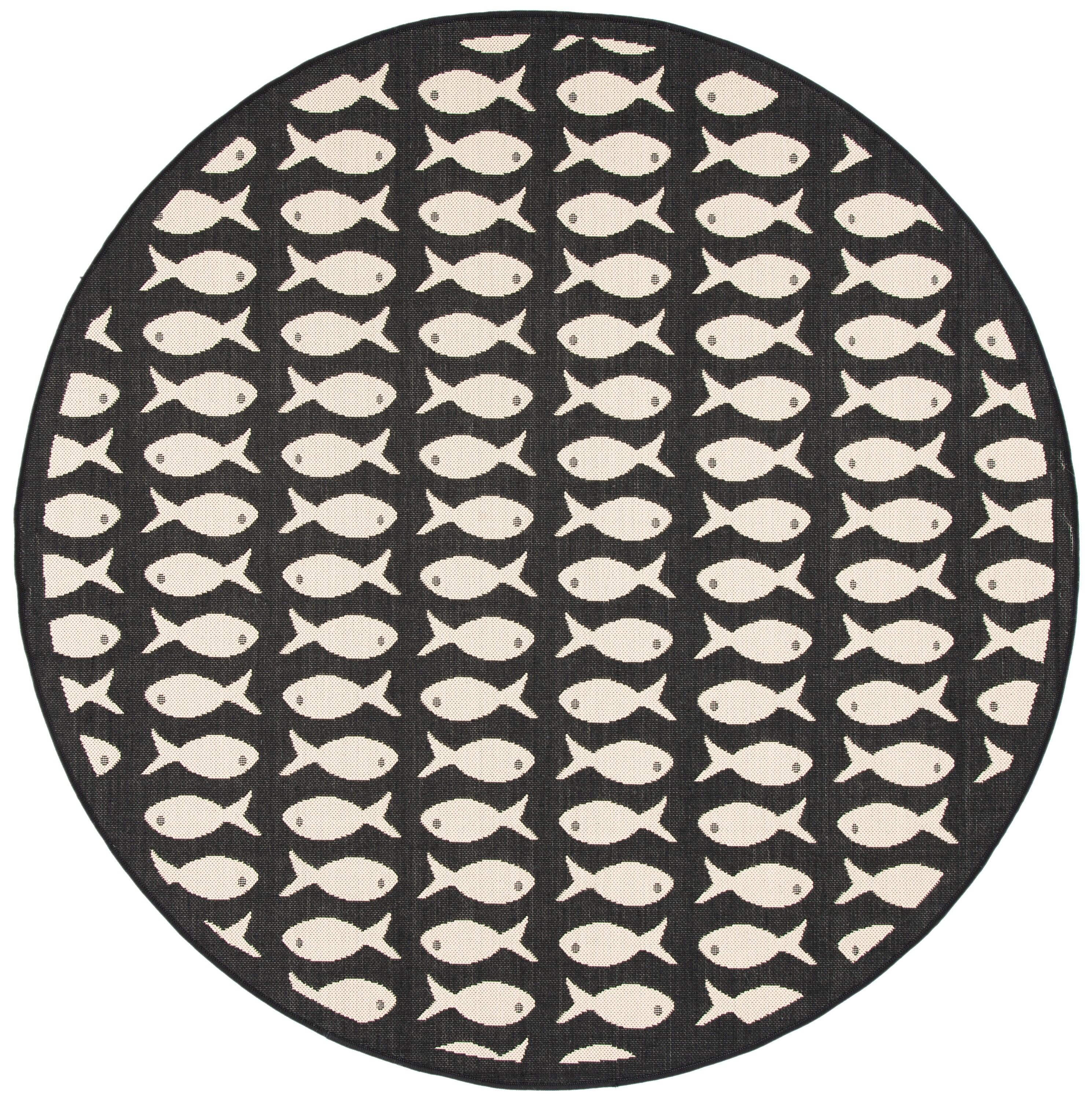 Courtyard CY6013 Power Loomed Indoor and Outdoor Area Rug - Black/Beige - 5'3" Round - Safavieh