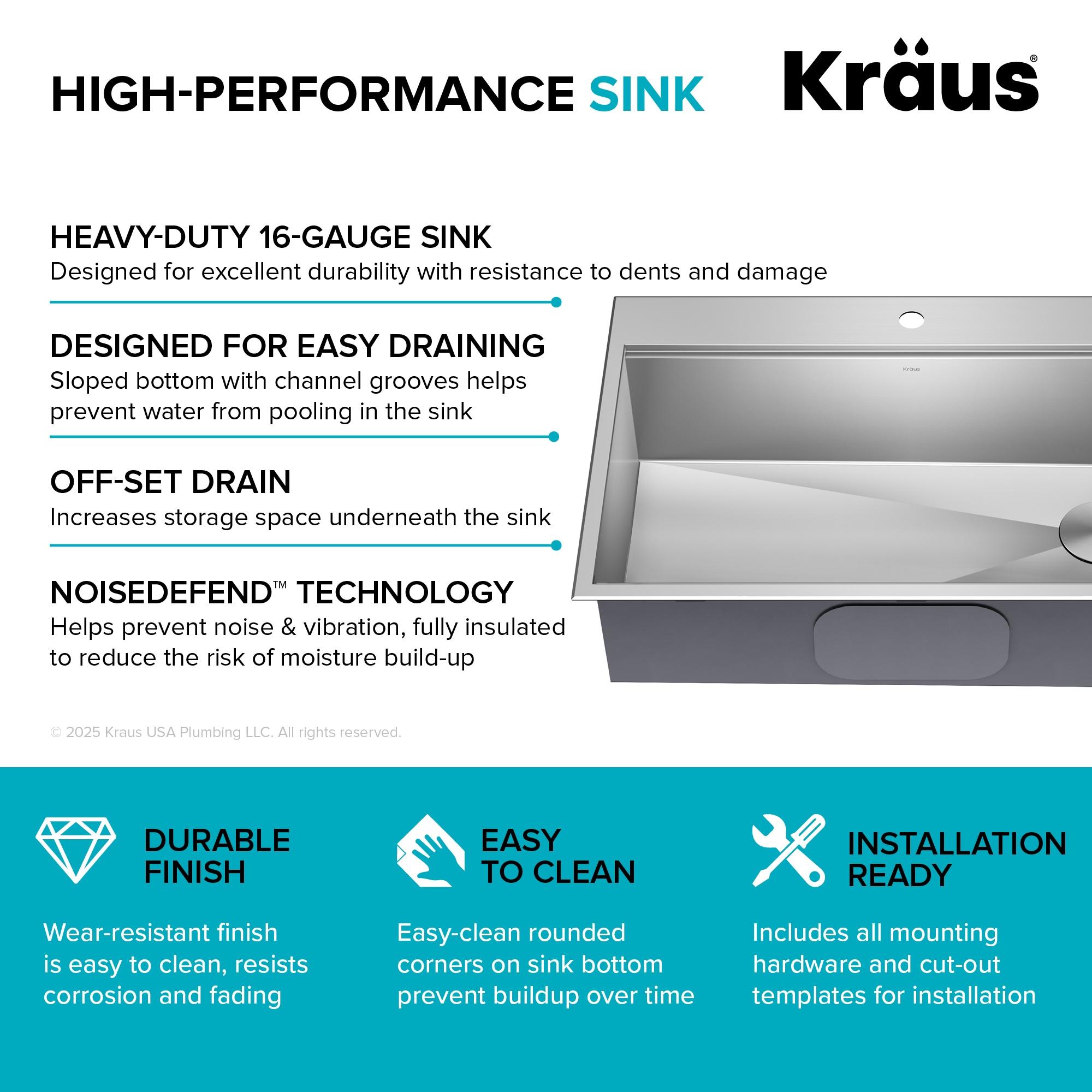 KRAUS Kore™ Workstation 33" L Top Mount Drop-In 16 Gauge Black Stainless Steel Single Bowl Kitchen Sink