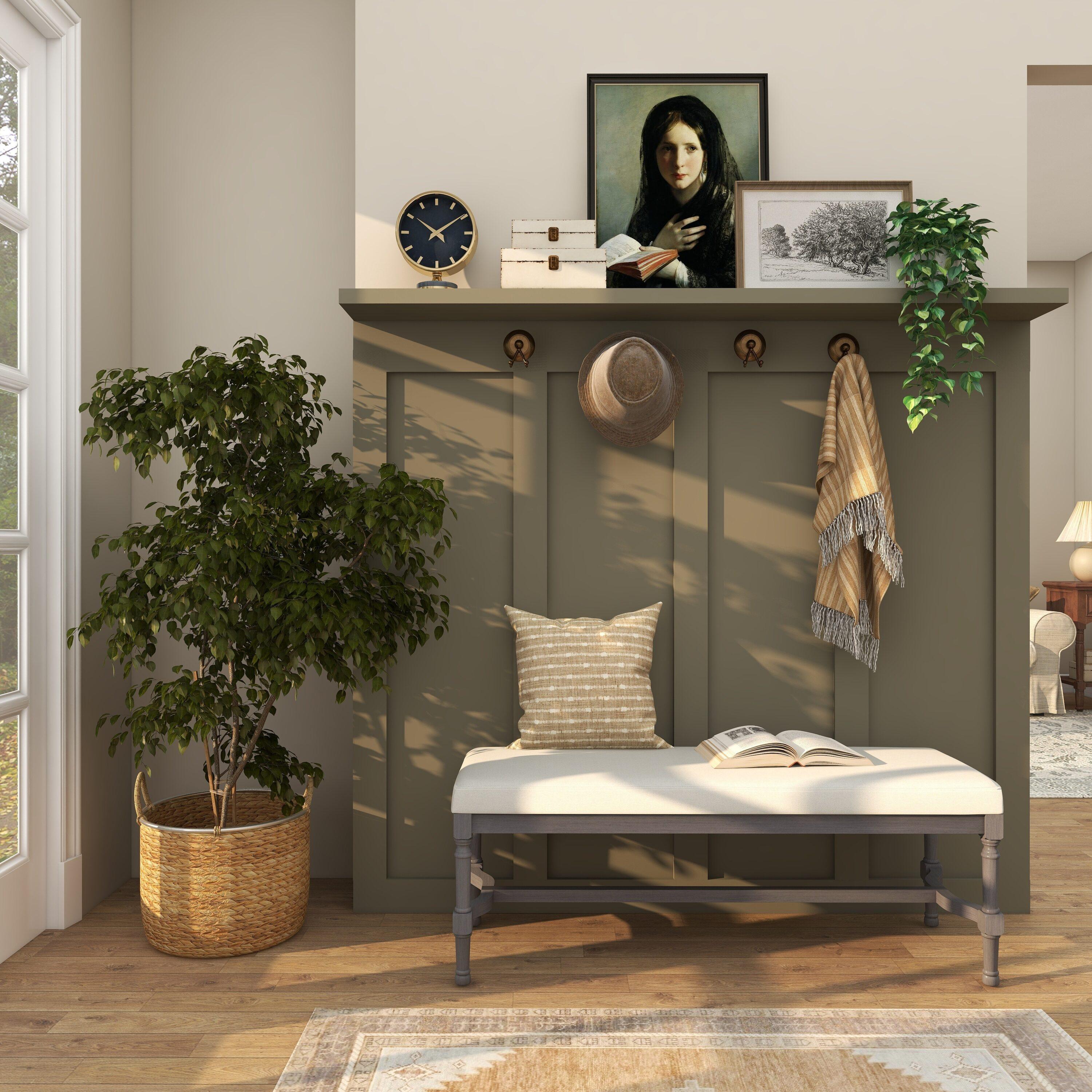 DecMode Wood Bench with Burlap Seat, Gray