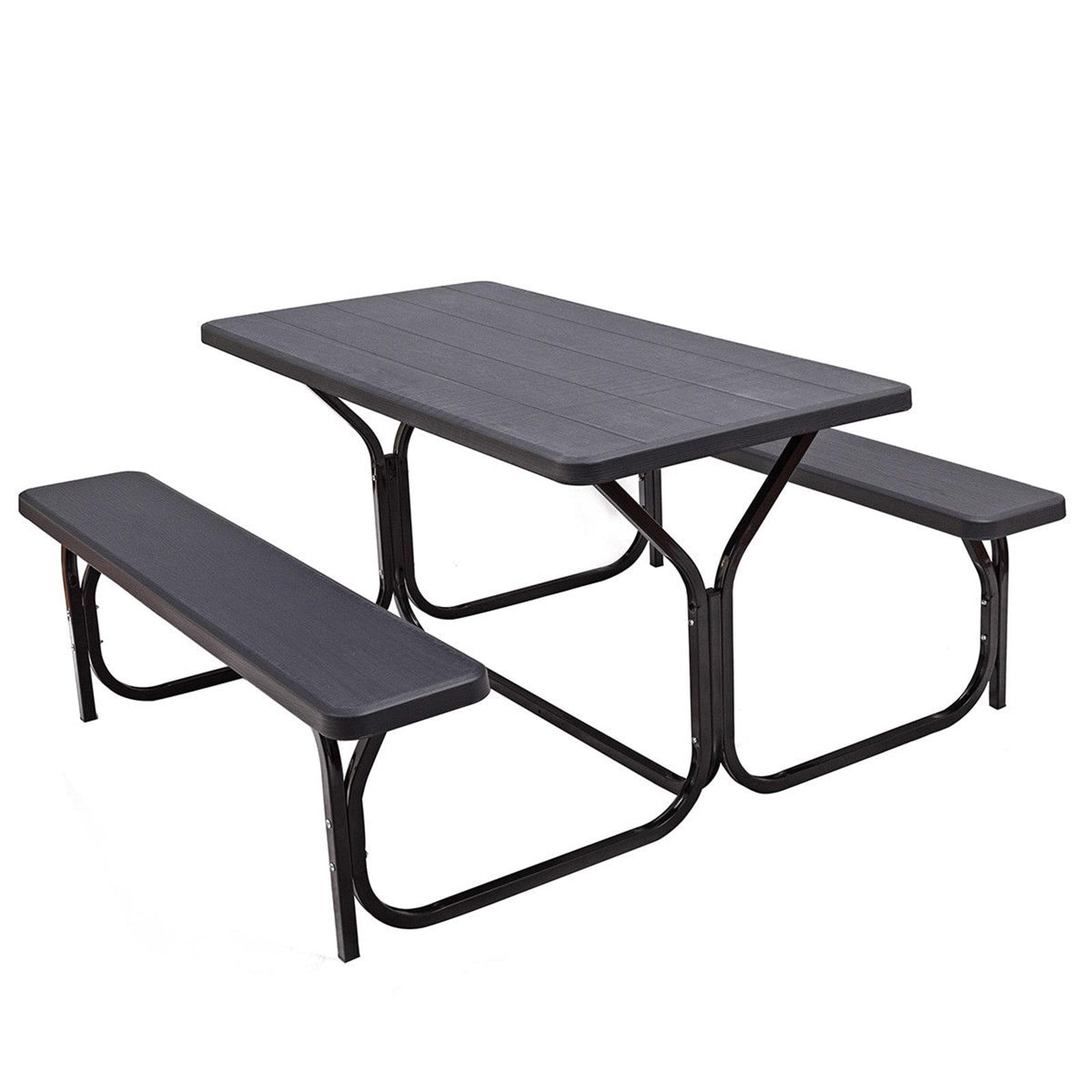 Kepooman Picnic Table, Camping Table, HDPE Outdoor Picnic Table Bench Set with Metal Base-Black