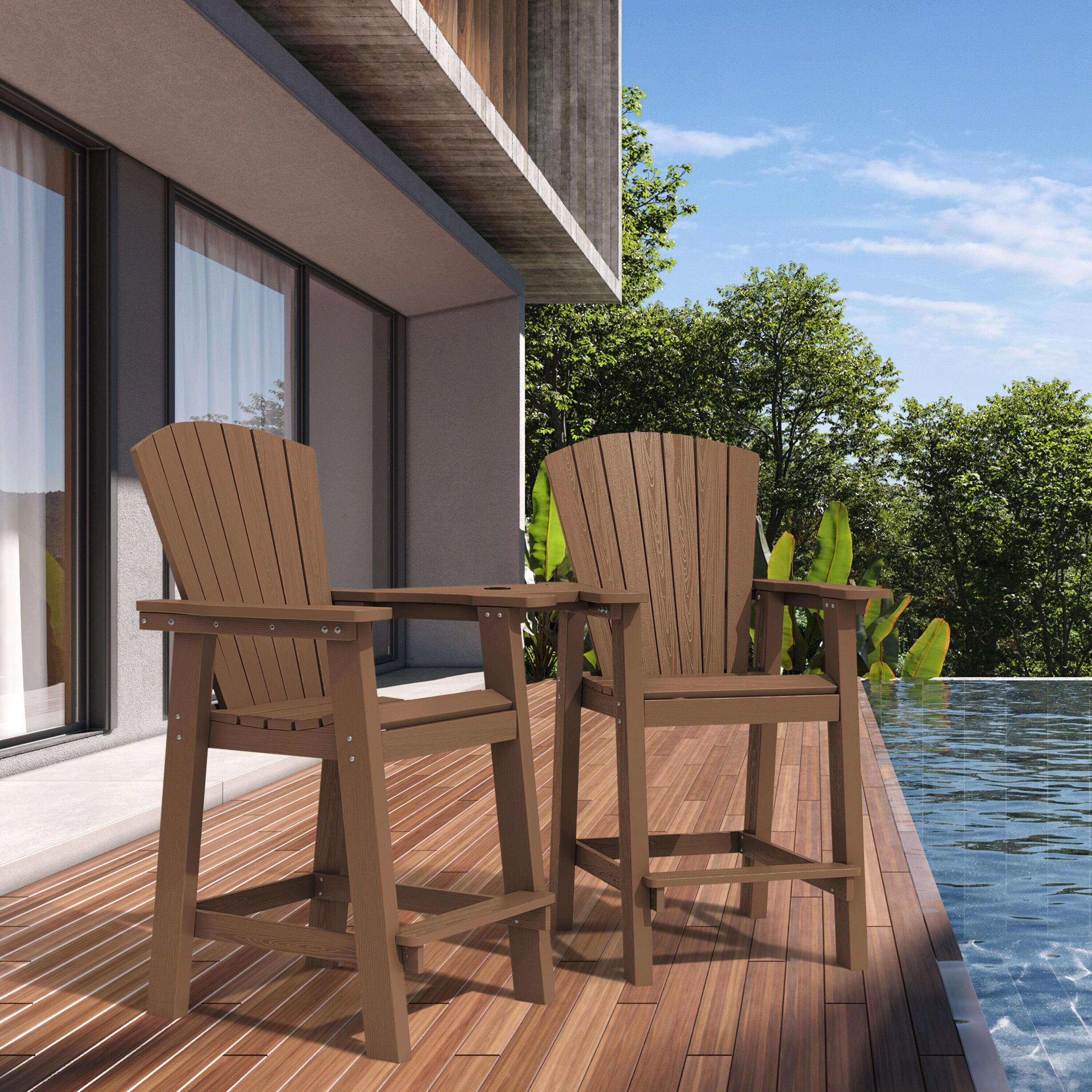 JUSTLET Tall Plastic Adirondack Chair Set of 2 W/ Outdoor Barstools and Connecting Tray, Brown