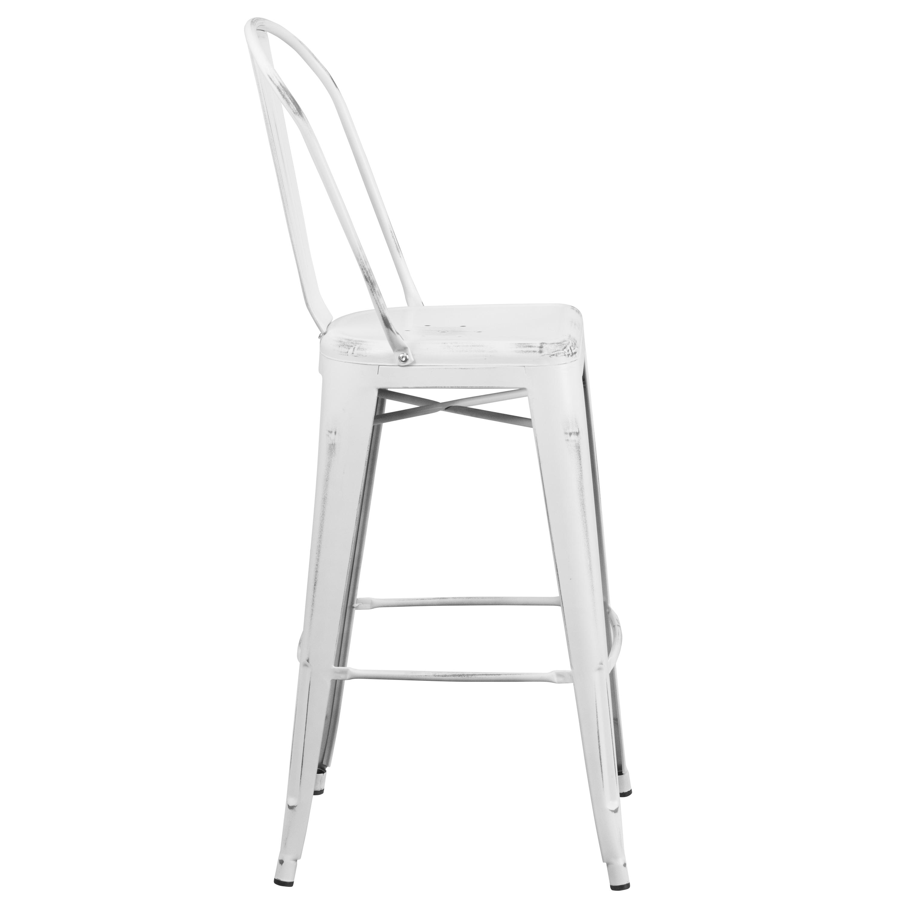 Flash Furniture Commercial Grade 30" High Distressed White Metal Indoor-Outdoor Barstool with Back