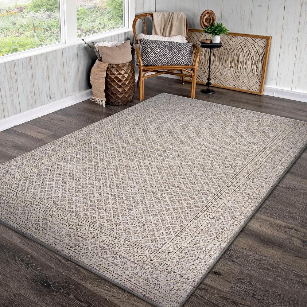 LR Home Natural Beige Toned 5 ft. x 7 ft. Classic Geometric Trellis Bordered Indoor/Outdoor Rug