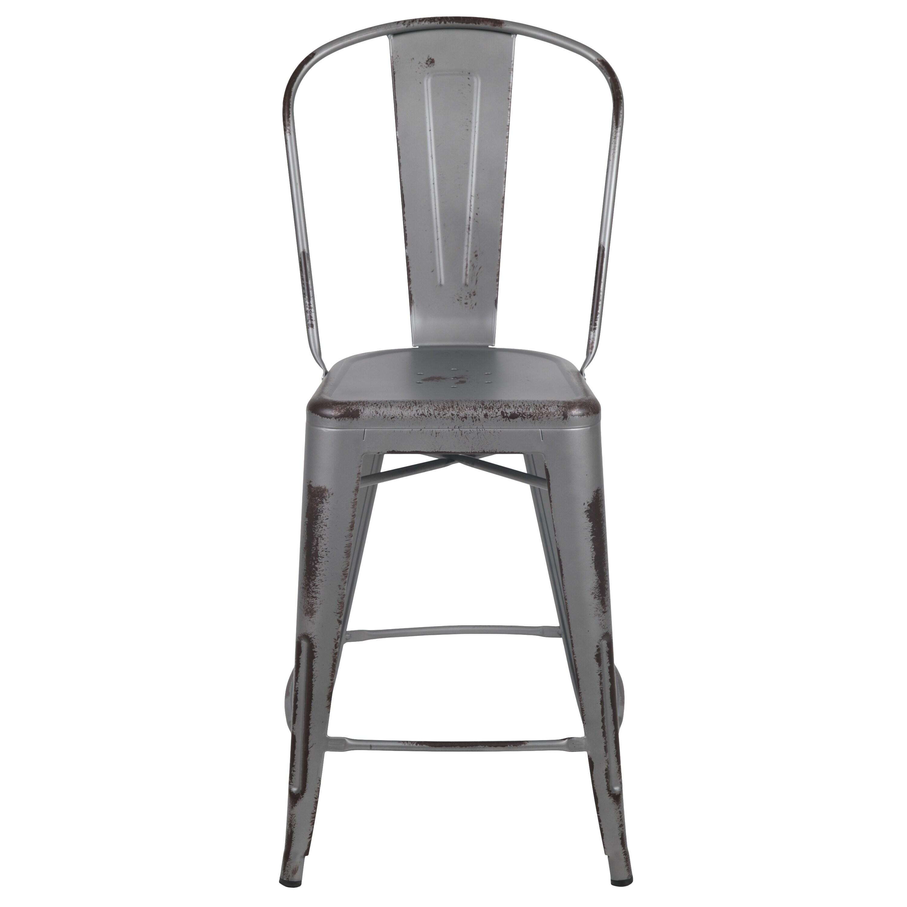 Flash Furniture Commercial Grade 24" High Distressed Silver Gray Metal Indoor-Outdoor Counter Height Stool with Back