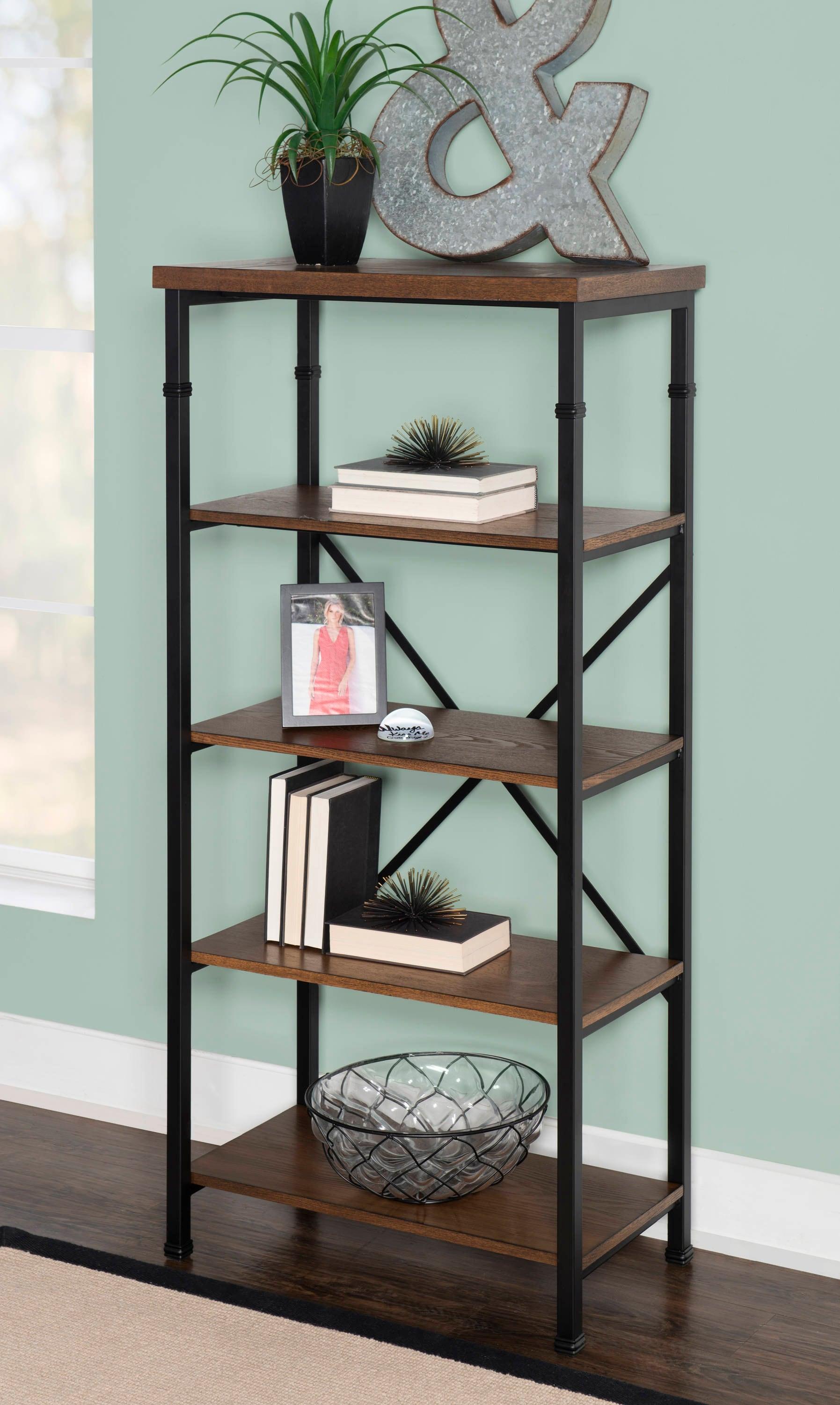 Linon 54" Austin Industrial Bookshelf Metal Wide Bookcase Brown: Farmhouse Style, 4 Fixed Shelves, MDF & Metal Frame