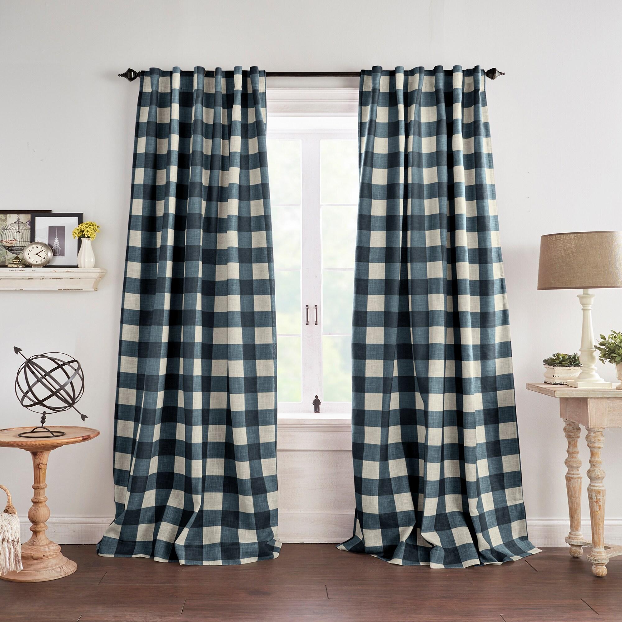 Grainger Buffalo Check Lined Room Darkening Single Window Curtain Panel - 52" x 84" - Indigo - Elrene Home Fashions