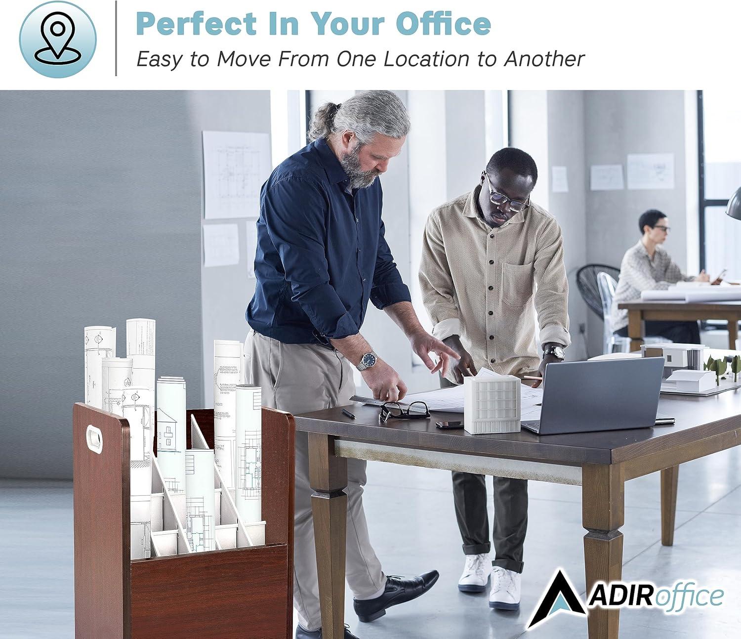 AdirOffice 20-Slot Mobile Rolling Wood Blueprint Roll File Large Document Organizer