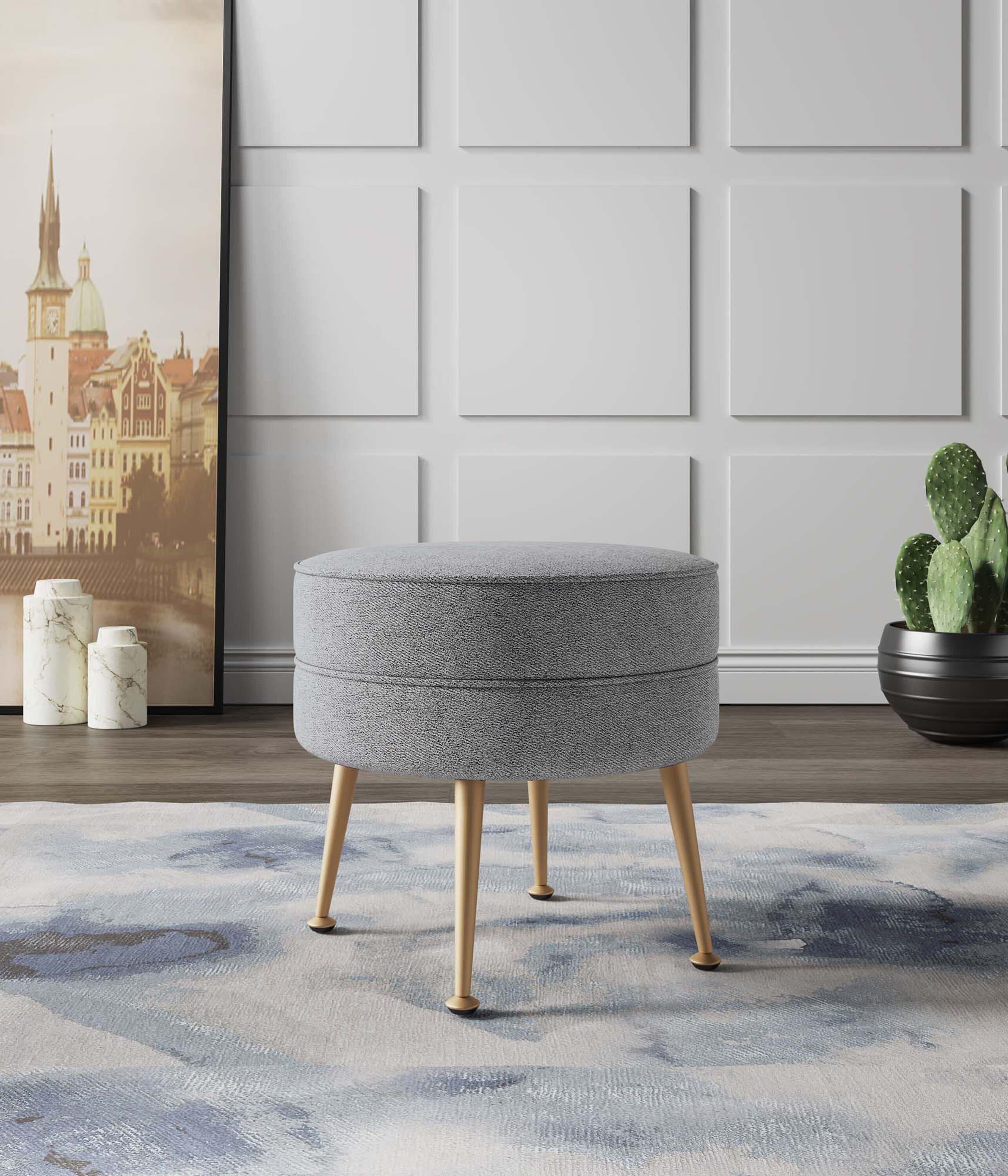 Manhattan Comfort Bailey Woven Polyester Blend Upholstered Ottoman Gray/Gold: Mid-Century Modern, Padded, Wood Frame