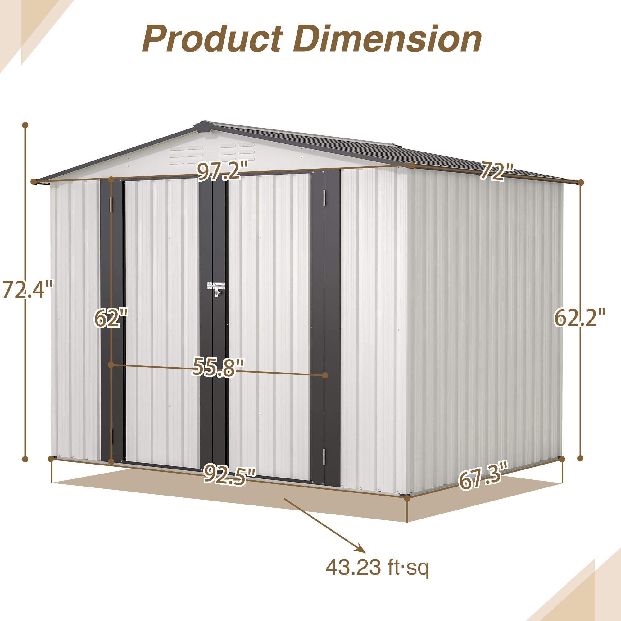 8 X 6 Ft Outdoor Storage Shed, All Weather Metal Sheds With  2 Lockable Doors, Tool Shed