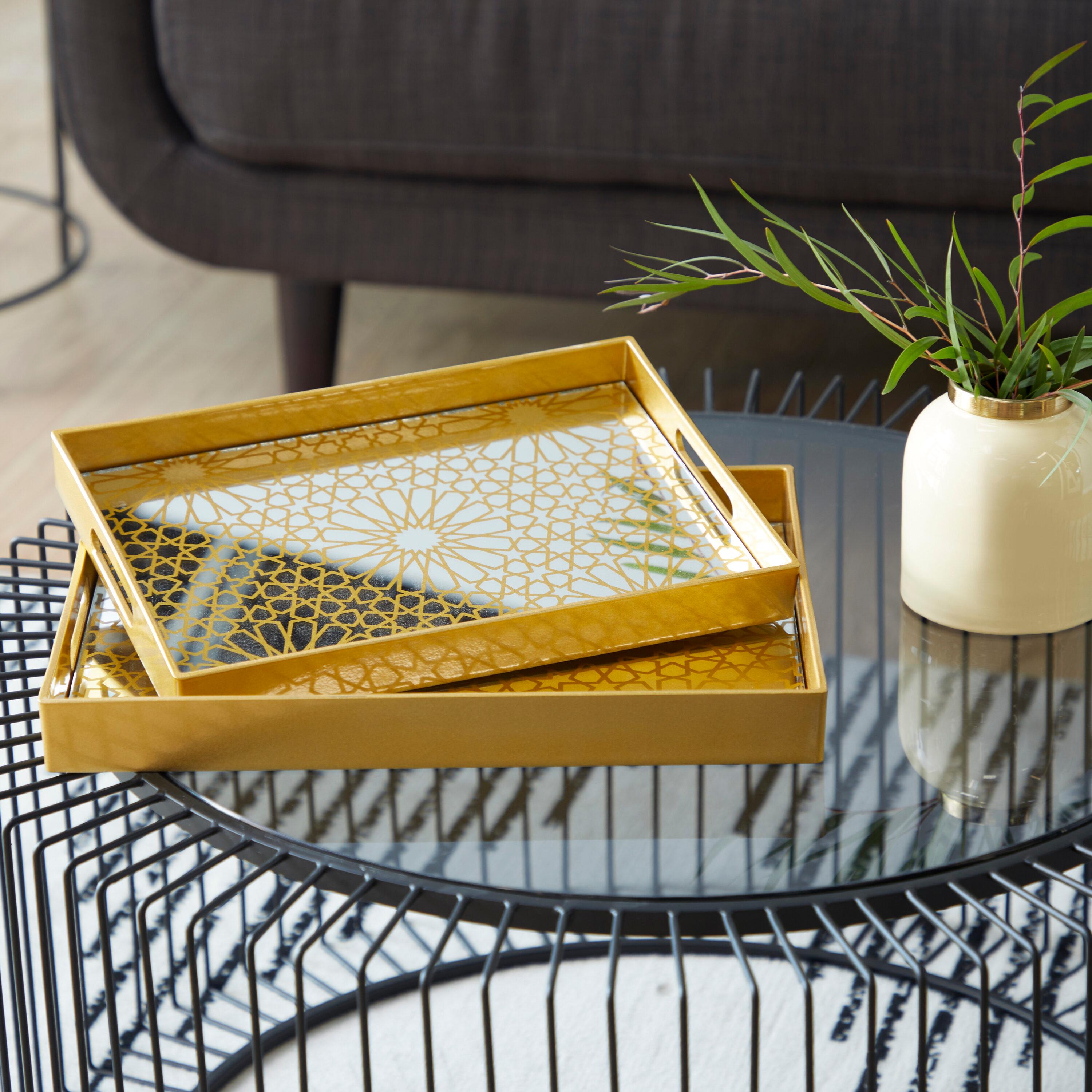 CosmoLiving by Cosmopolitan Plastic Mirrored Geometric Decor Gold Tray Set
