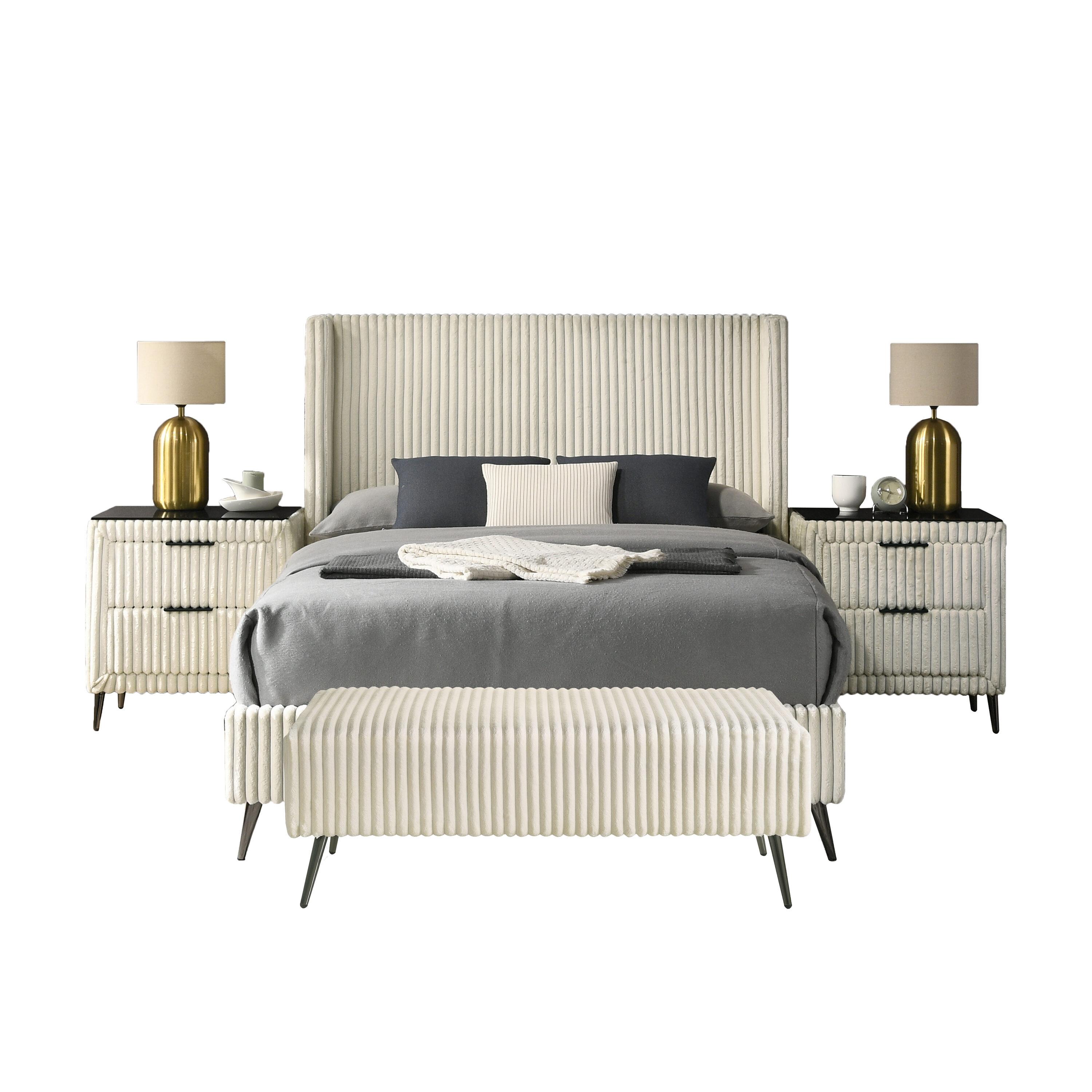 Roundhill Furniture Mavela Wide-wale Corduroy Upholstery Panel Bed with 2 Nightstands and Bench Cream Queen