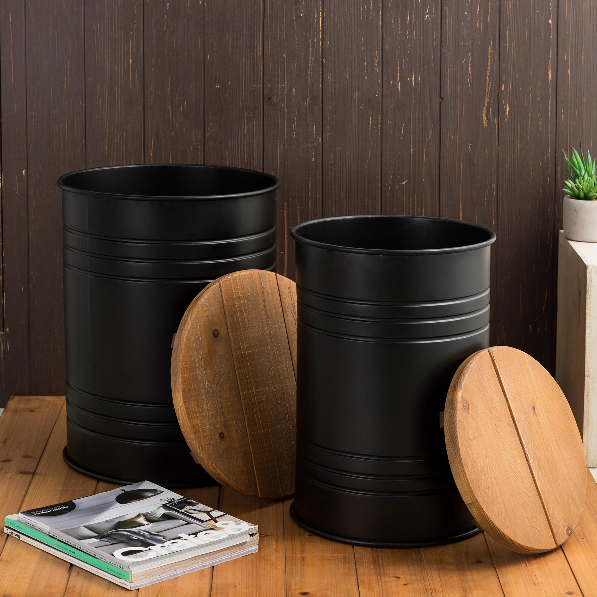 Rustic Storage Ottoman Seat Stool, Farmhouse Accent Side Table, Antique Galvanized Metal End Table Box Bin with Round Wooden Lid Set of 2 (Black)