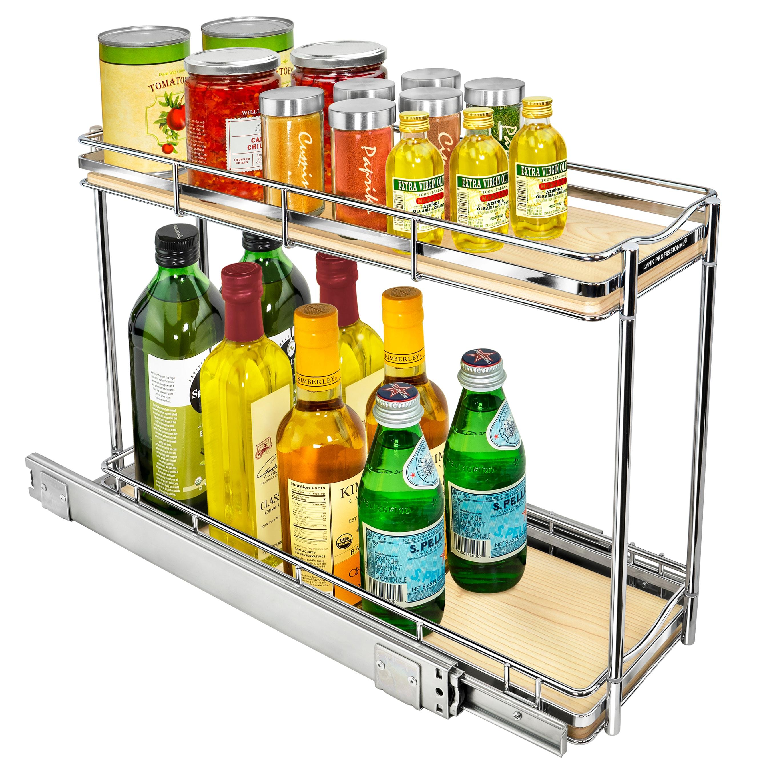 LYNK PROFESSIONAL® Elite Pull Out Narrow Sliding Spice Bottle Organizer - 6”x21”, Wood and Chrome