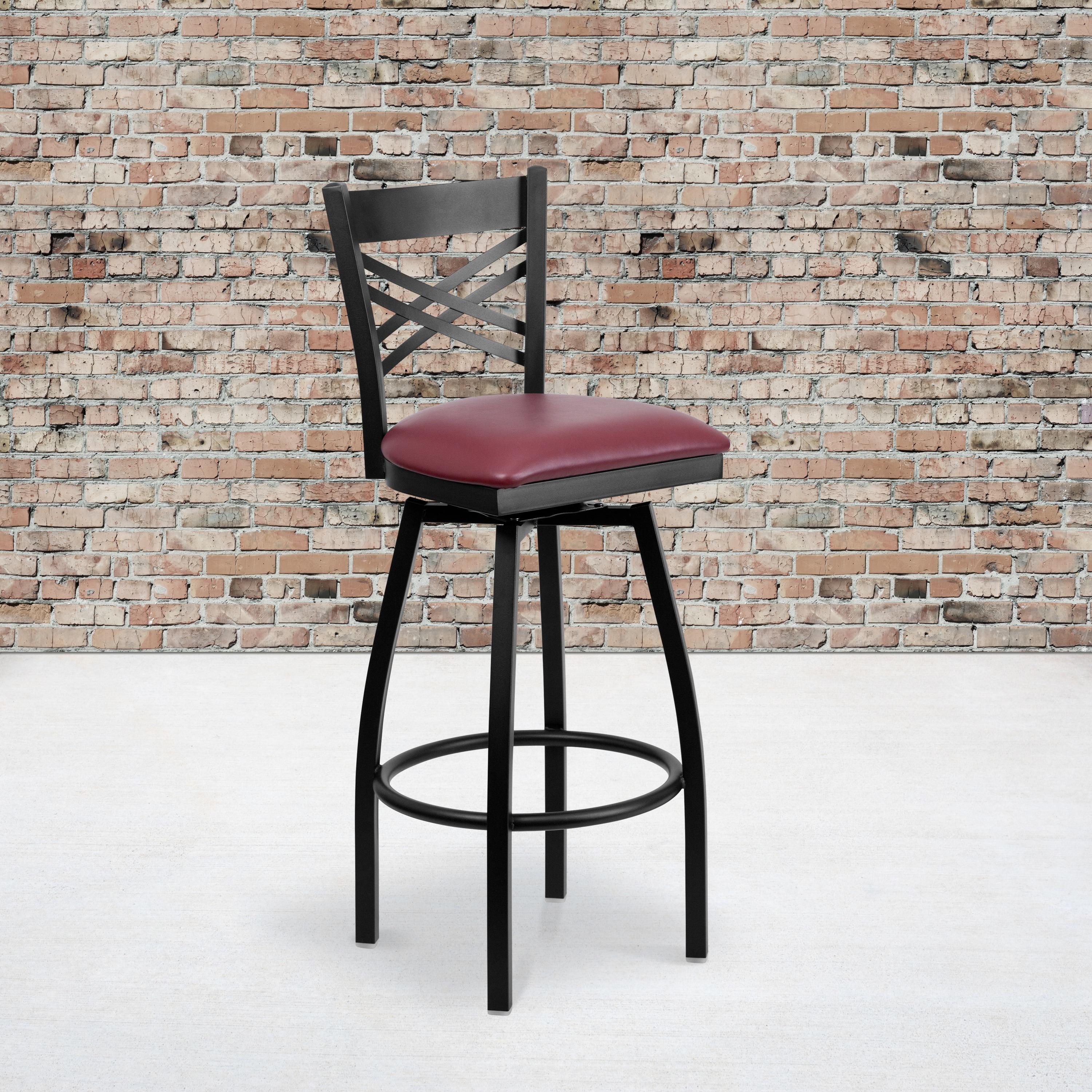 Flash Furniture HERCULES Series Black ''X'' Back Swivel Metal Barstool - Burgundy Vinyl Seat