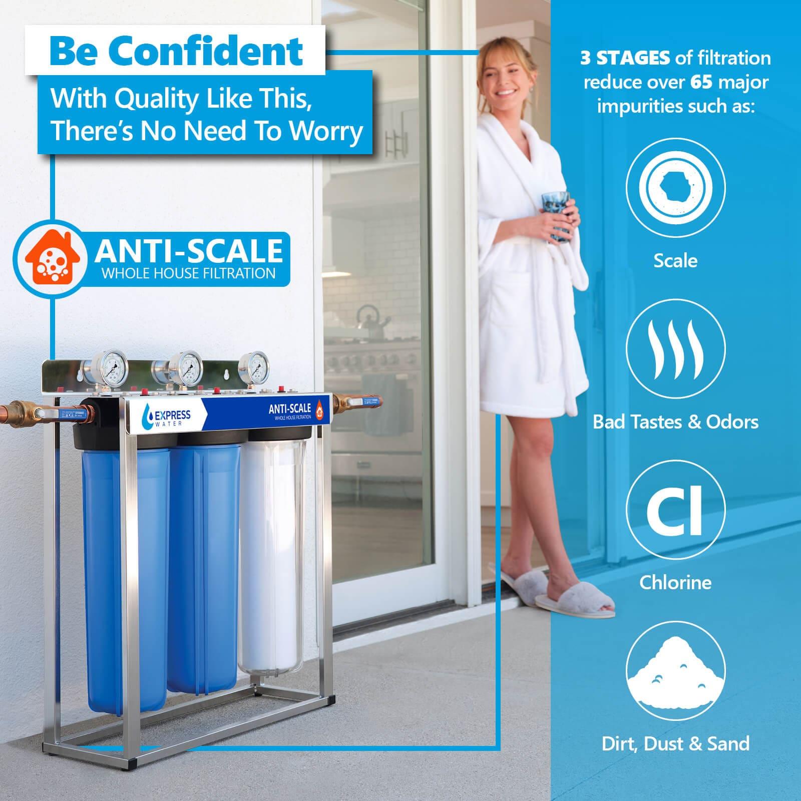 Express Water Whole House Water Filter, 3 Stage Water Filtration, Sediment, Polyphosphate Anti-Scale, Carbon Filters Includes Pressure Gauges, Easy Release, and 1 Inch Connections, 23.5" x 8.5" x 30"