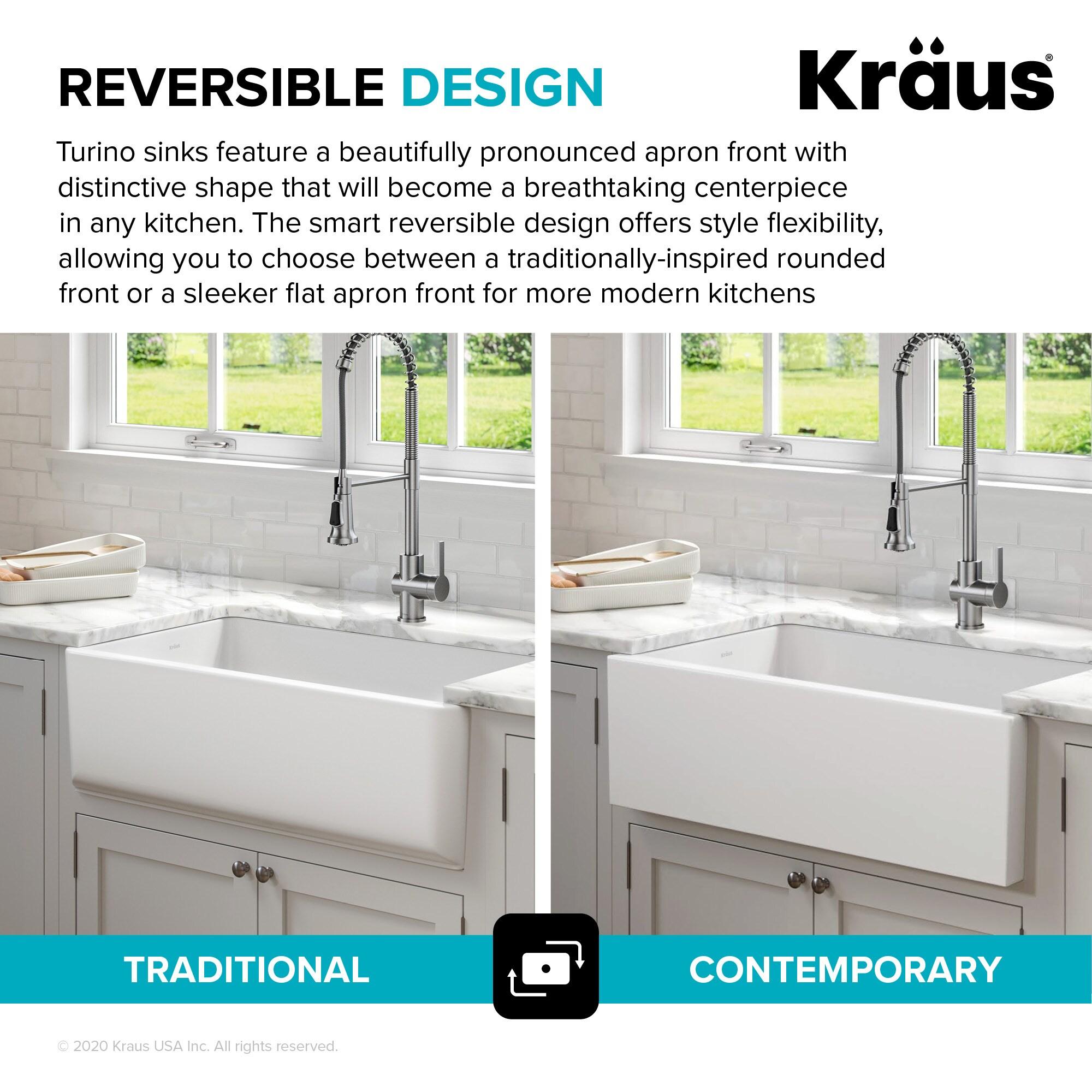 KRAUS Turino™ 33" L Farmhouse Reversible Apron Front Fireclay Single Bowl Kitchen Sink