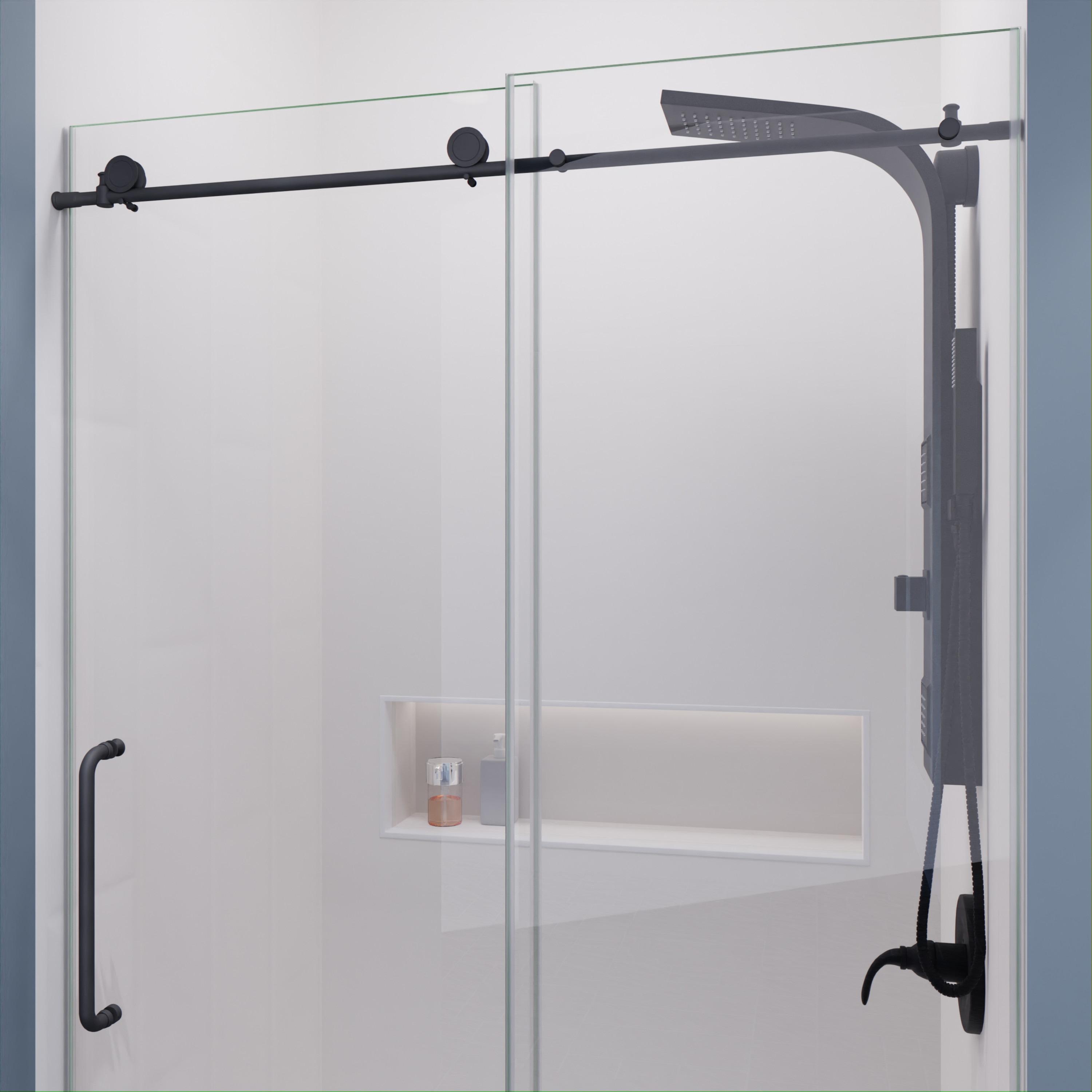 Madam Series 48 In. By 76 In. Frameless Sliding Shower Door In Gunmetal With Clear Tempered Glass And Tsunami Guard