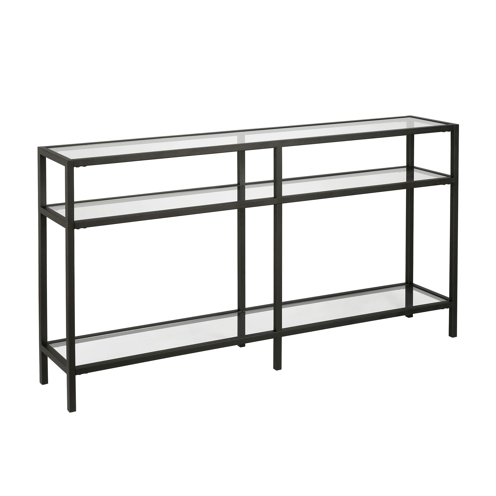 Sivil 55" Blackened Bronze and Black Metal Console Table with Glass Top