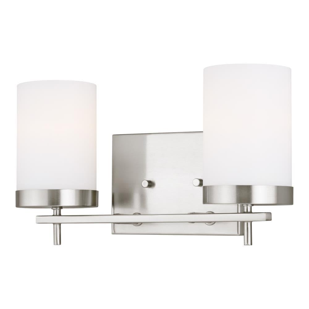 Brushed Nickel Two-Light Cylinder Wall Sconce with Etched Glass Shades