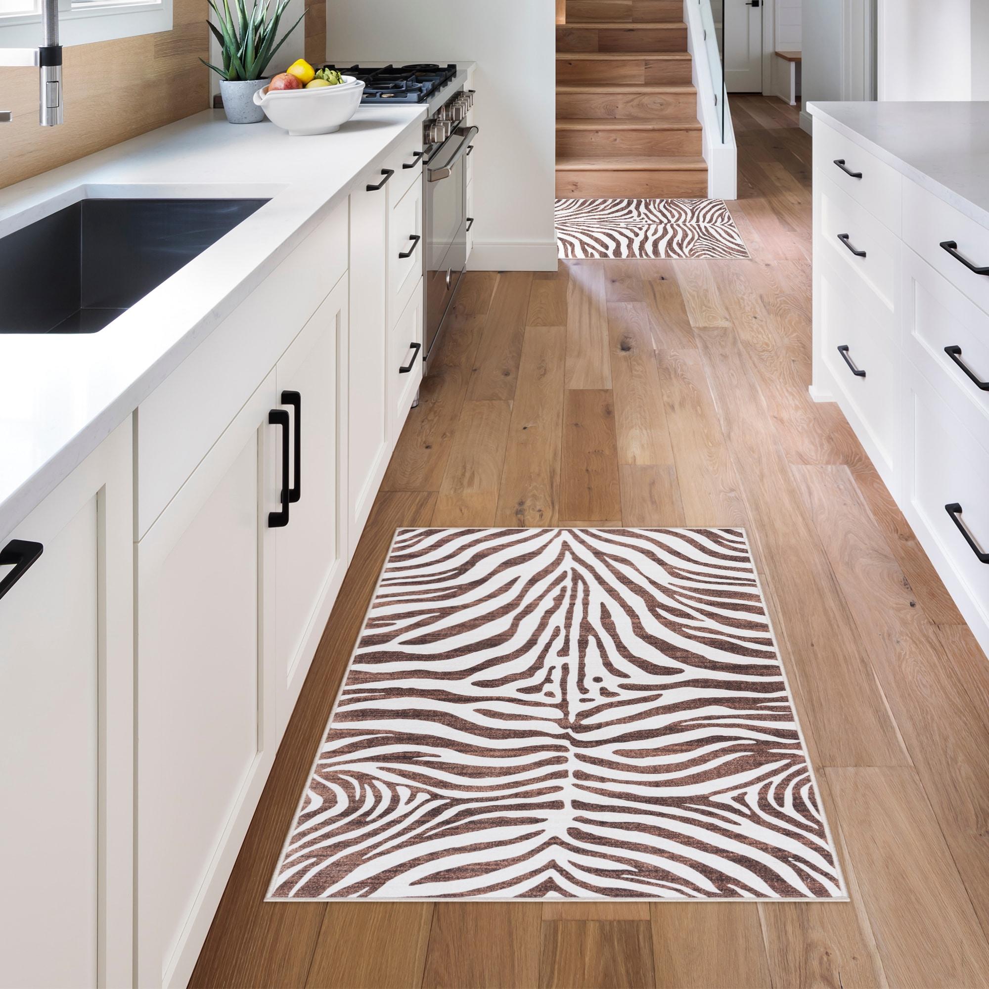 Gertmenian Crystal Print Zebra Modern Animal Print Brown Cream Washable Flat Pile Indoor Area Rug