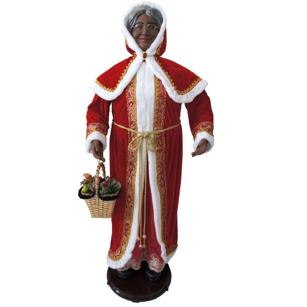 African American Dancing Mrs. Claus with Hooded Cloak and Basket Figurine