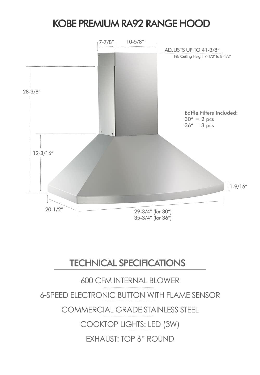 Kobe Range Hoods 36" Stainless Steel 800 CFM Ducted (Vented) Wall Range Hood with Baffle Filter