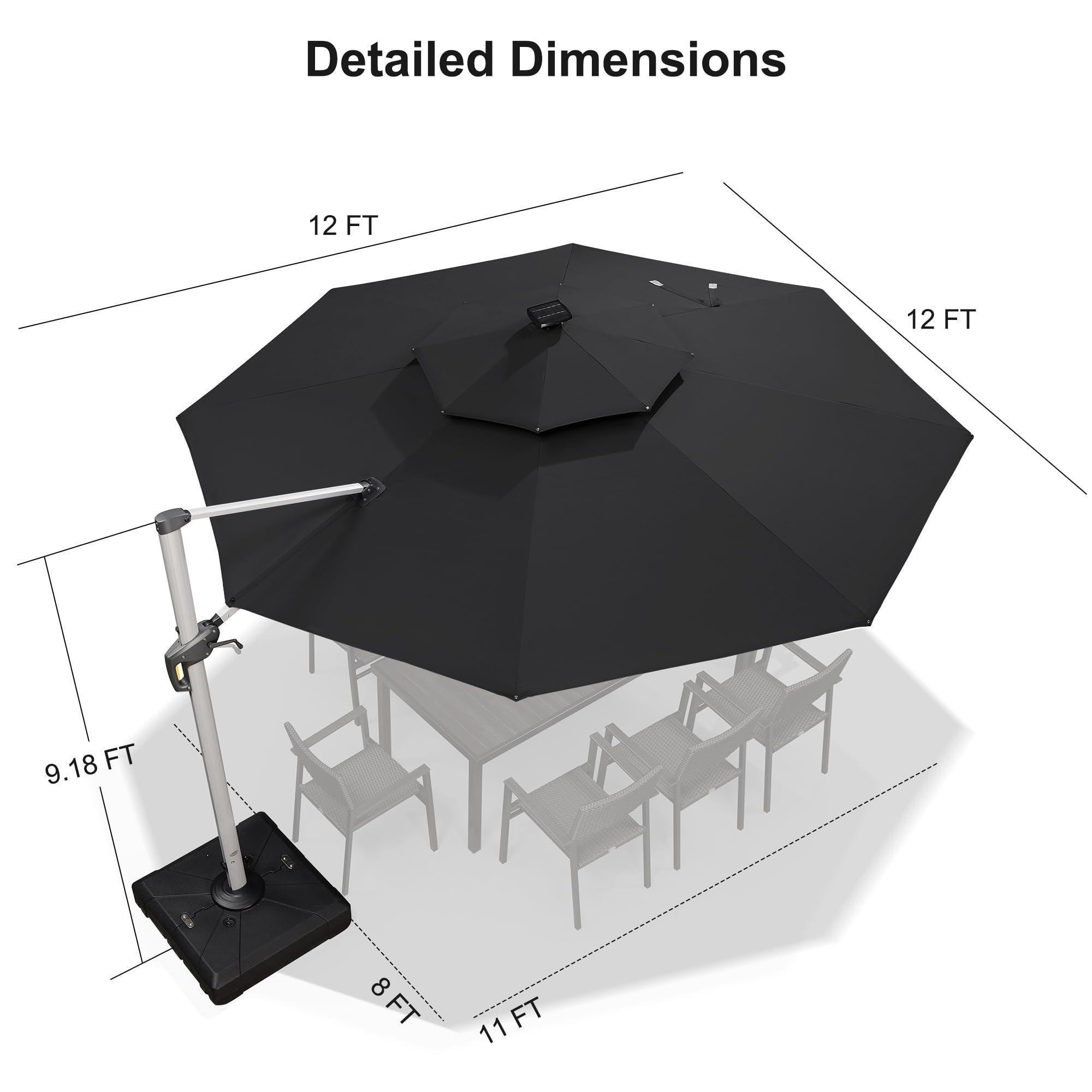 PURPLE LEAF 12-ft Aluminum Black Crank Cantilever Patio Umbrella with Lights