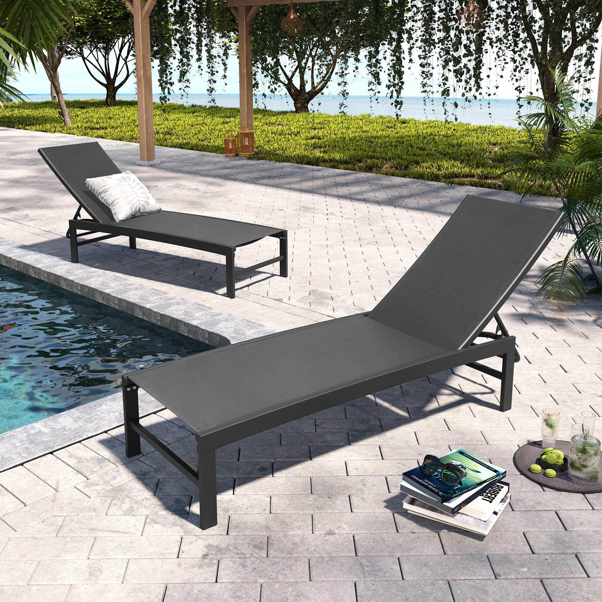 Pellebant 2PCS Patio Lounge Chairs Outdoor Lounge Chair with Wheels, Black