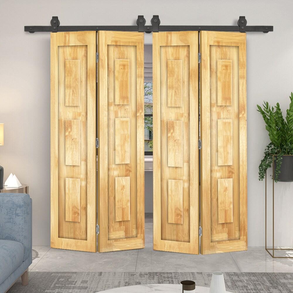 Calhome 3 Panel Shaker Pine Wood Double Bi-Fold Door with Sliding Barn Door Hardware Kit