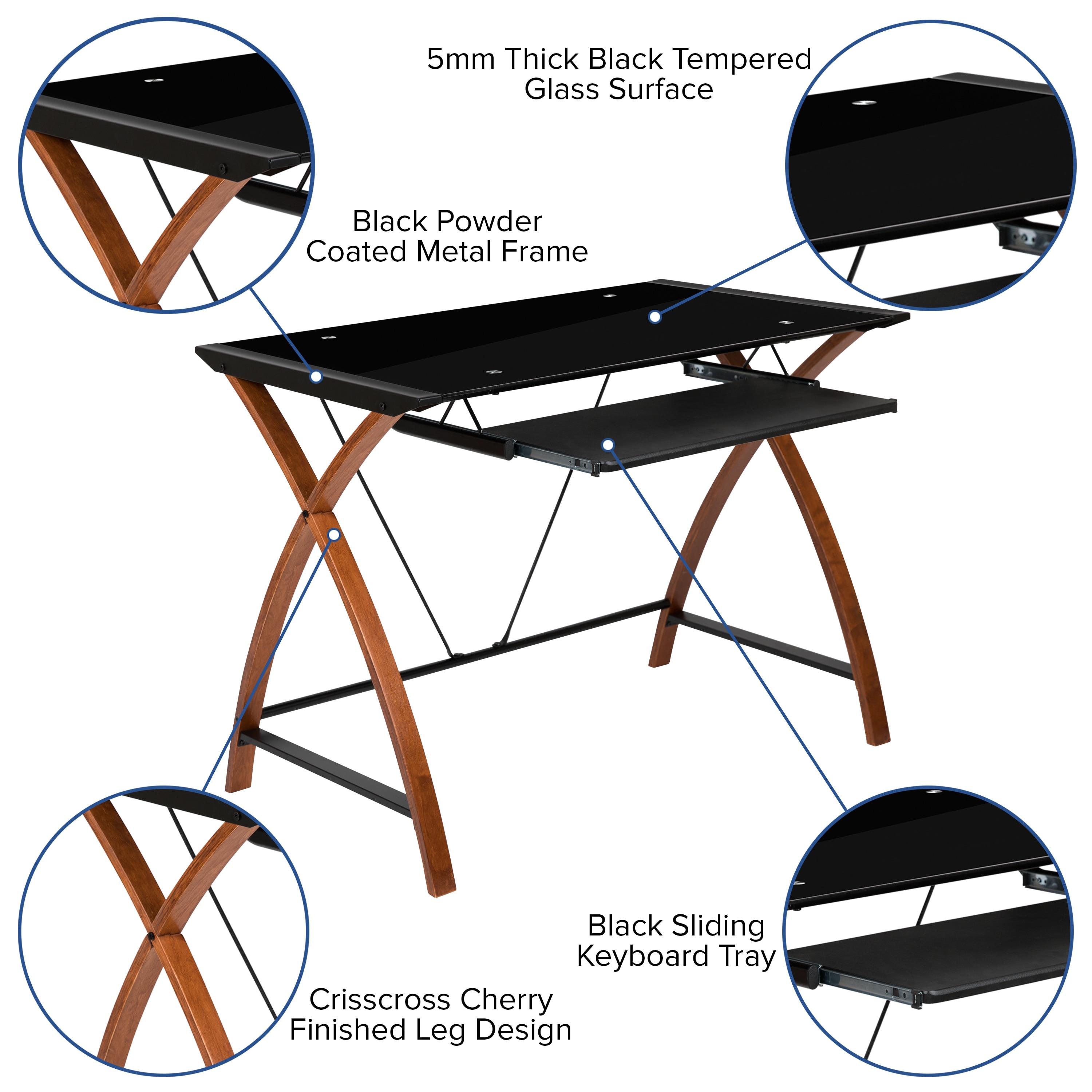 Flash Furniture Jude Black Glass Computer Desk with Pull-Out Keyboard Tray and Crisscross Frame