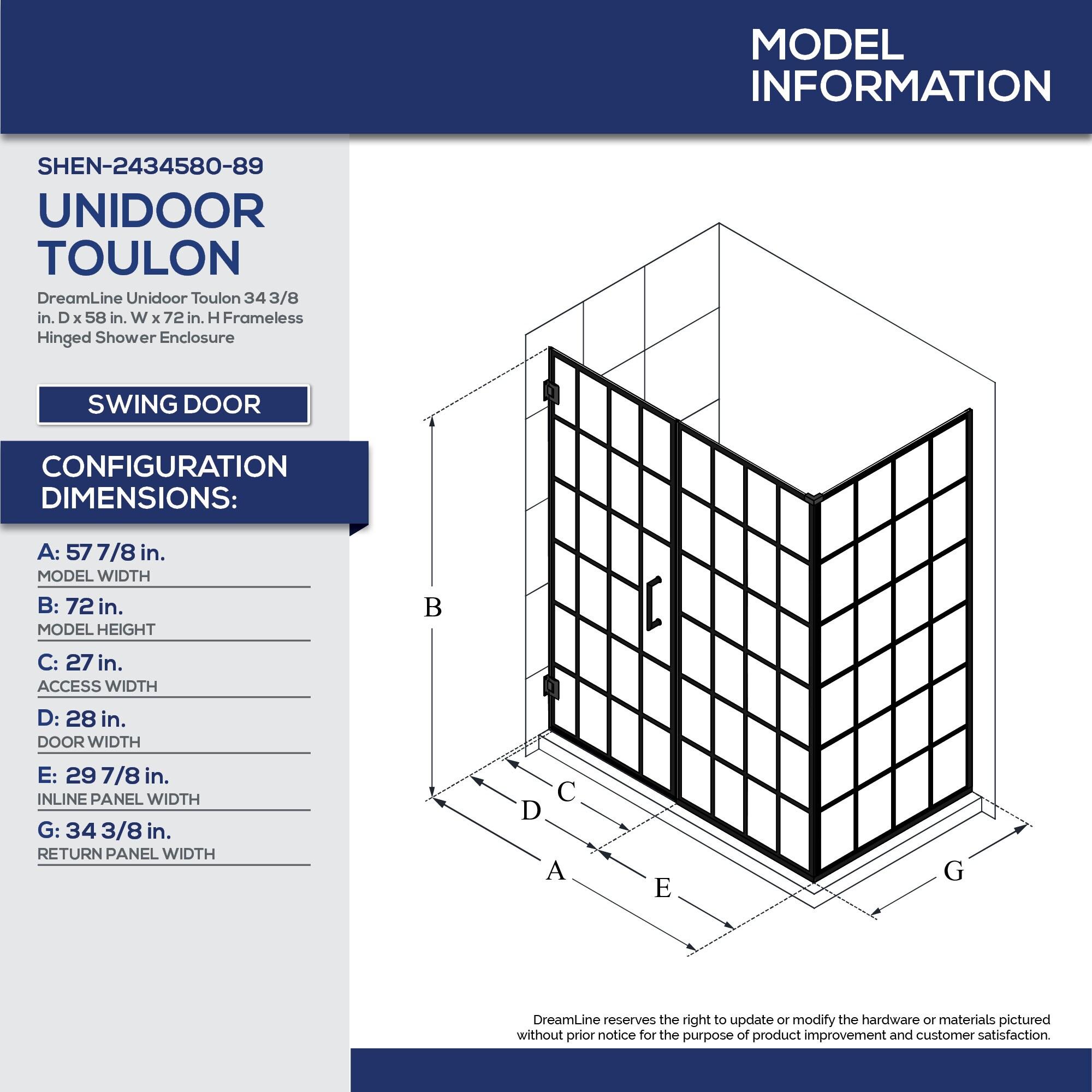 Unidoor Toulon Frameless 57.88" x 72" Rectangle Hinged Shower Enclosure