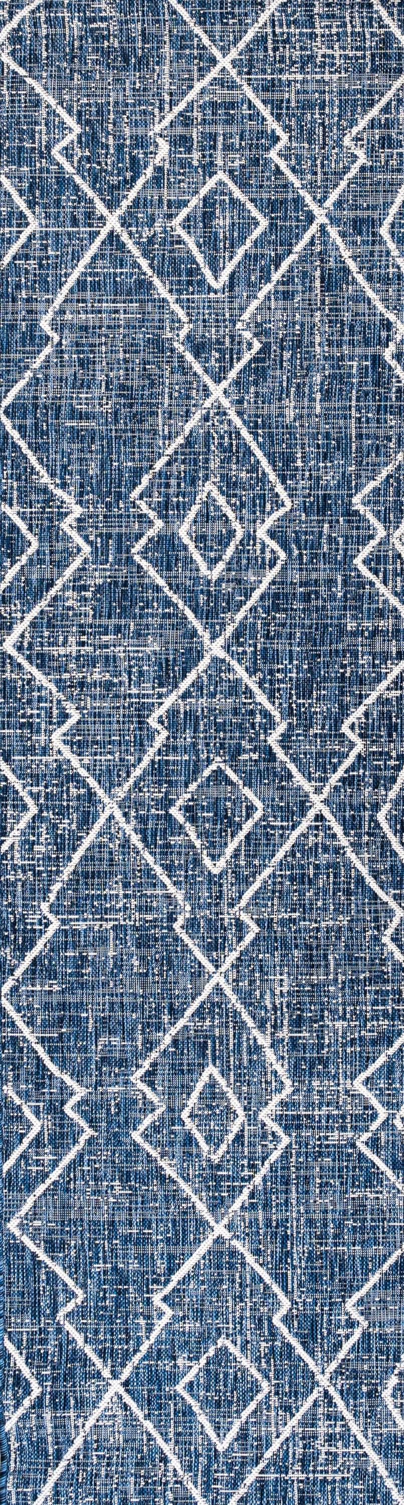 2'x8' Carwa  Diamond Trellis Indoor/Outdoor Runner Rug, Blue/Ivory - JONATHAN Y