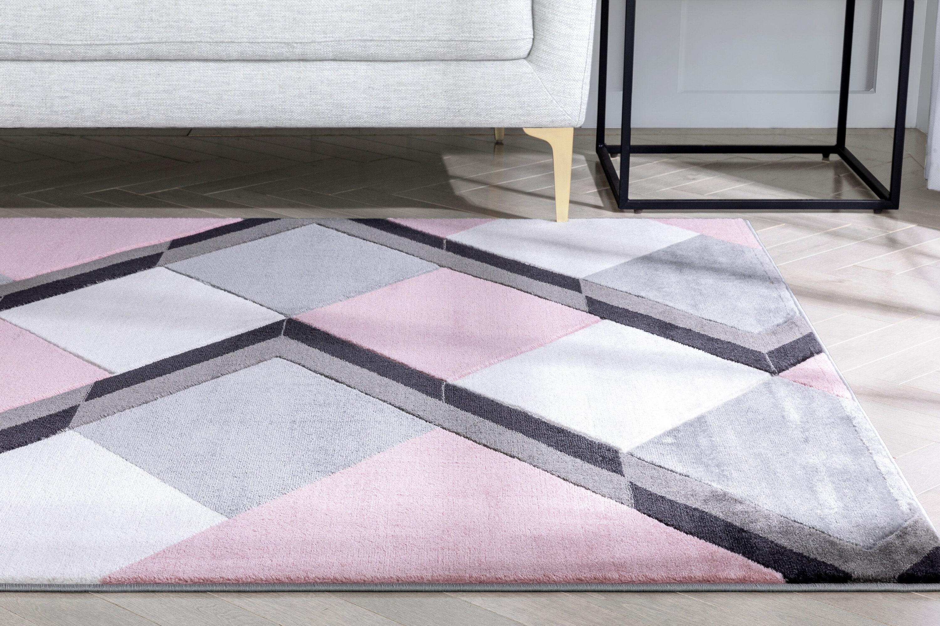 Well Woven Naya Blush Pink Modern Geometric Diamond Boxes Pattern Area Rug 5x7 (5'3" x 7'3")