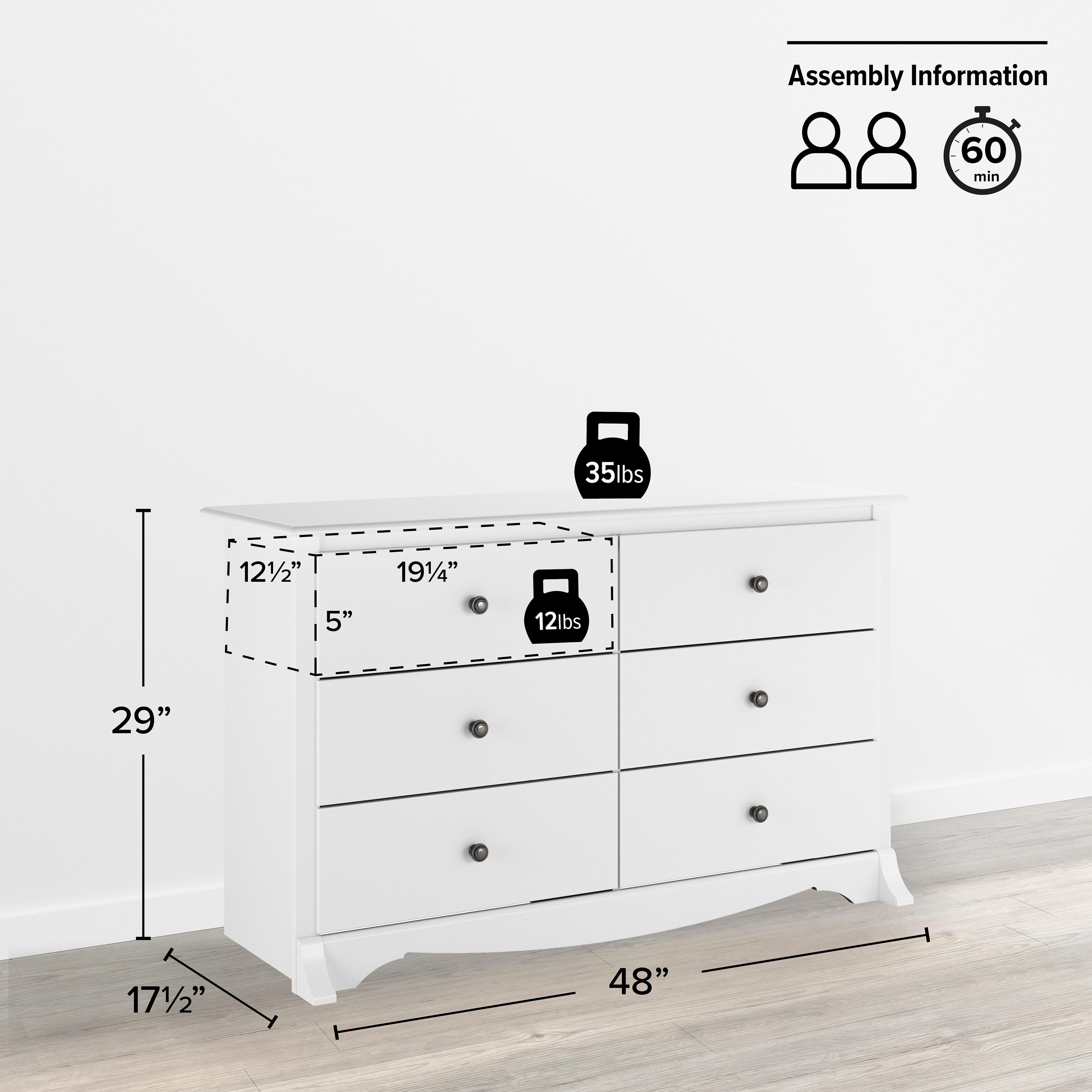 Prepac Monterey Dresser White: 6-Drawer Storage, Wood Composite, Bedroom Furniture, 29"H x 48"W