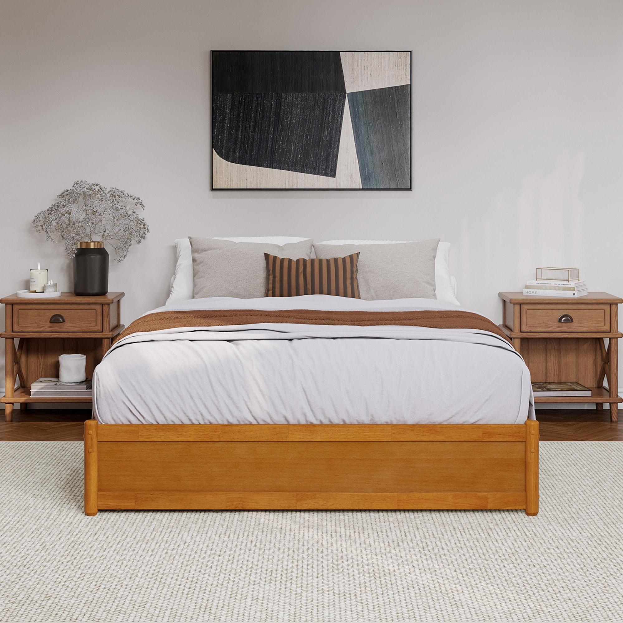 Barcelona Queen Wood Panel Platform Bed with Storage Drawers in Light Toffee